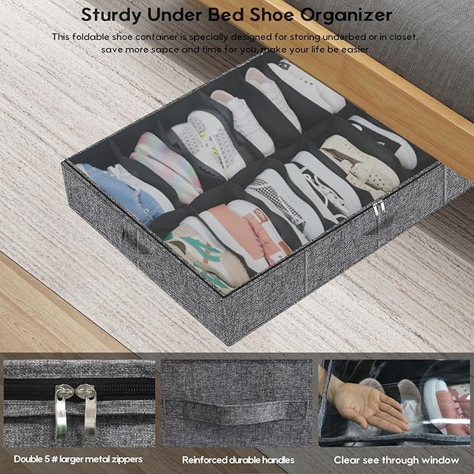 Sturdy Shoes Storage Organizers Boxes Fit 16x2 Pairs, Foldable Shoe Sneaker Container Bin Holder for Closet with Clear Cover, 37.8"x23.6"x5.9", Cotton-like Black, ZMXBUBS16P2