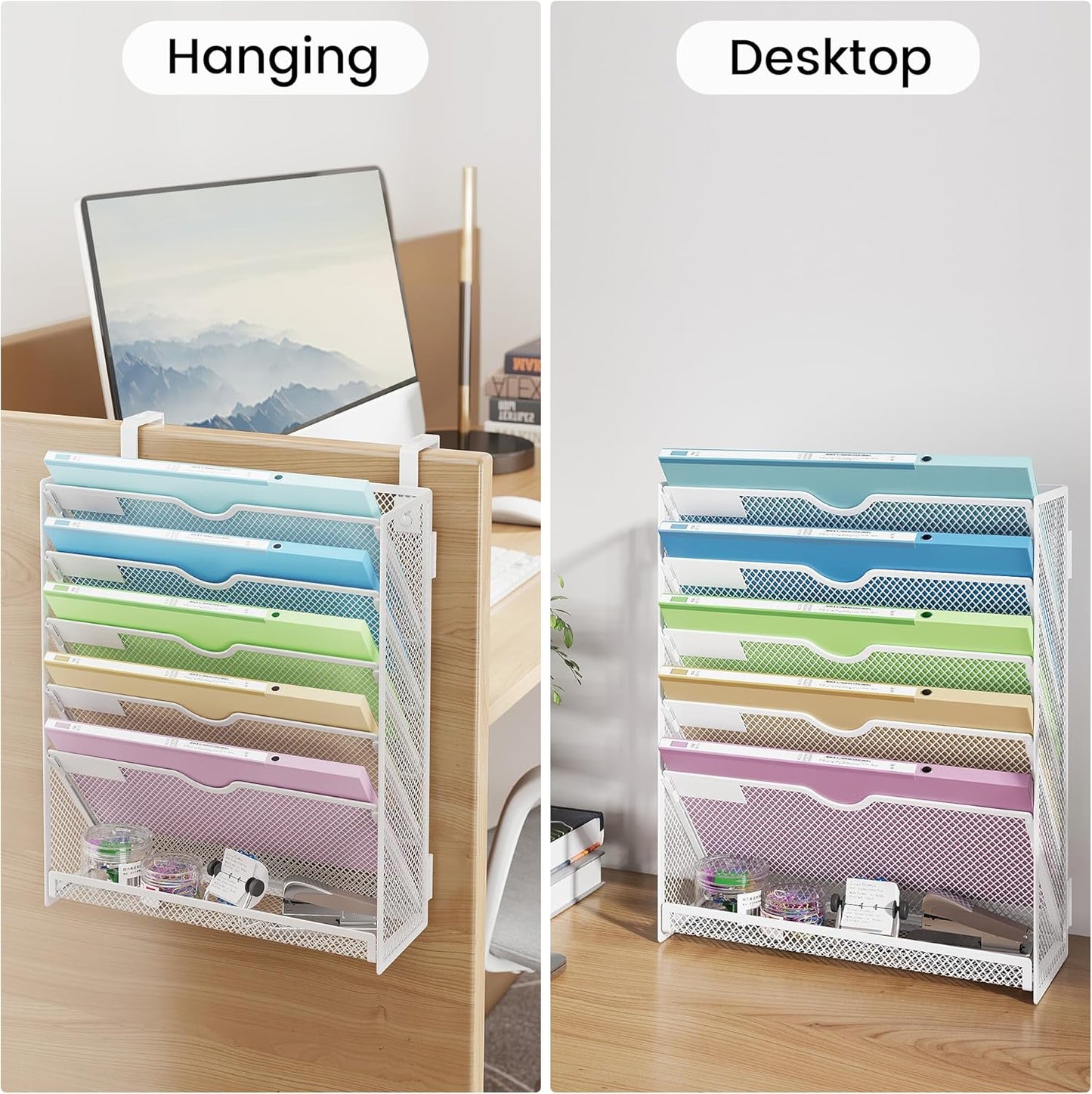 Hanging Wall File Organizer Mesh 6 Tier Wall Mounted Mail Paper Folder Holder Document Organization Stand Desk File Organizer Tray for Office & Home Cubicle Countertop-White