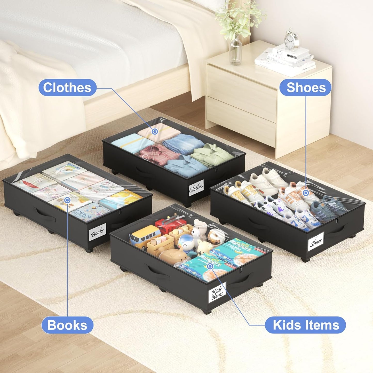 Under Bed Storage with Wheels, 4-Pack Under Bed Storage Containers with Clear Lids, Under the Beds Storage Organizer Bins With Handles, Under Bed Drawer for Clothes, Shoes, Books, Toys