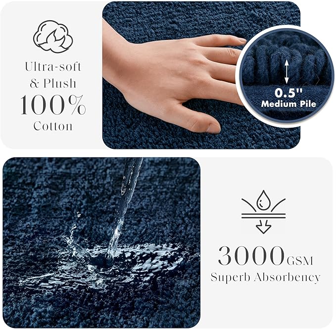 Madison Park Splendor Reversible 100% Cotton Tufted Bathroom Rug-3000 GSM Hotel Quality Luxurious Plush Medium Pile Bath Mat Absorbent, Quick Dry, Shower Room Décor, 24x36 Navy