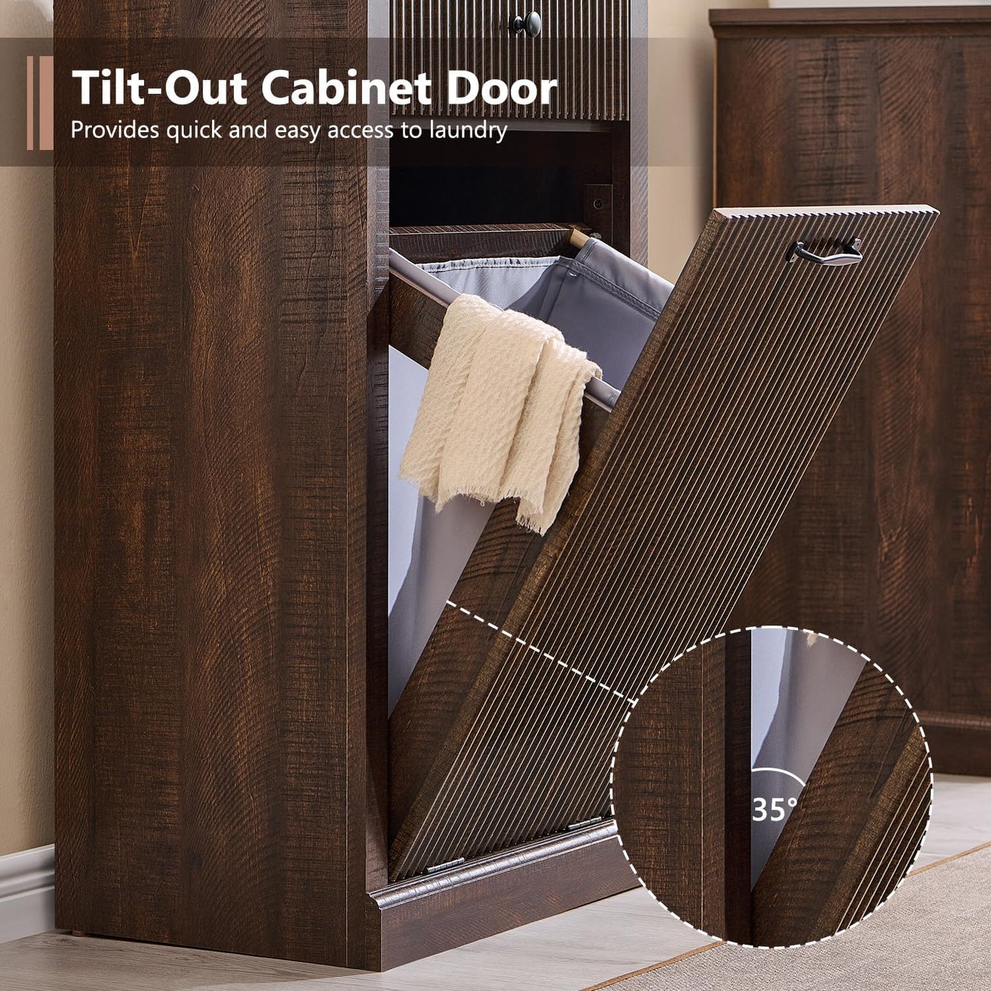 Modern Tilt Out Laundry Hamper Cabinet, 10 Gallon Fluted Trash Can Cabinet with Drawer, Wooden Hidden Garbage Can Cabinets with Laundry Basket, Free Standing for Bathroom and Kitchen, Brown