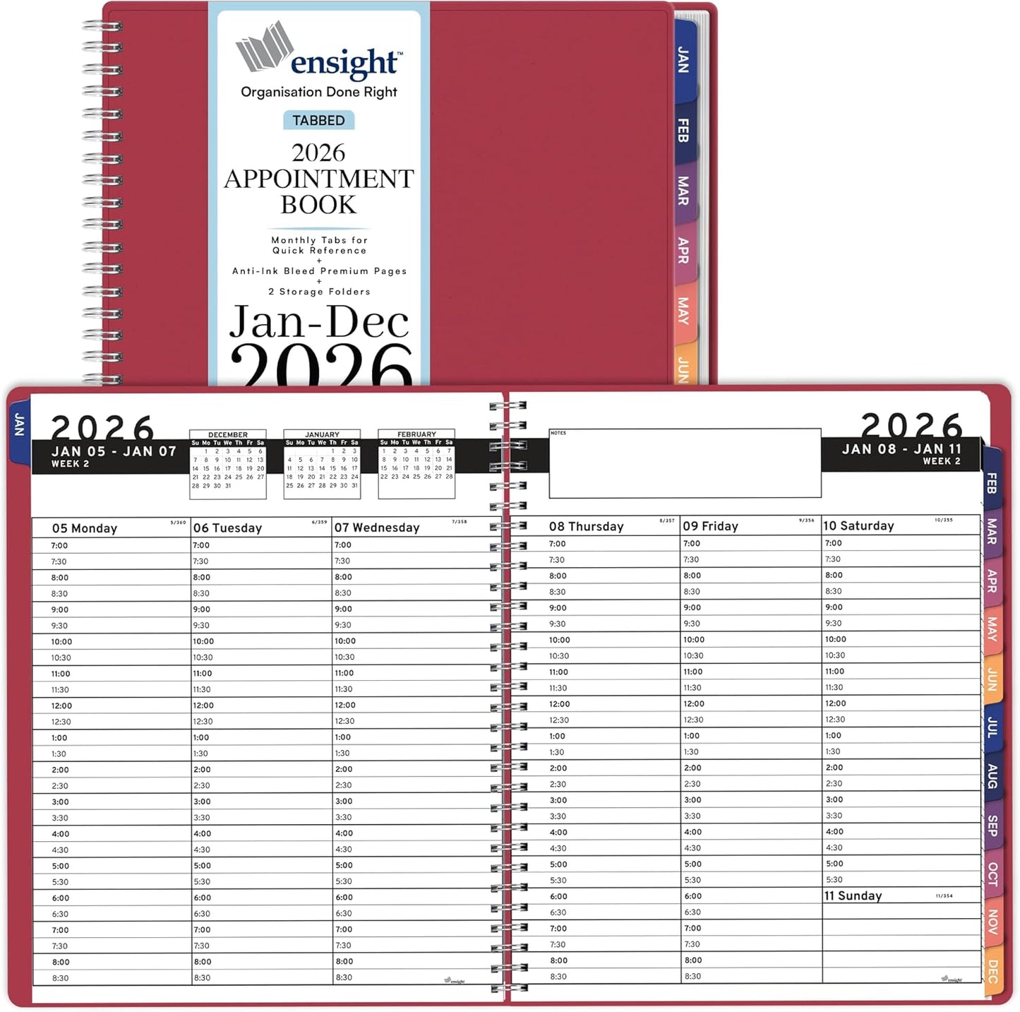 Ensight 2026 Appointment Book and Planner 6.5" x 8.5" Large Hourly Weekly Daily Schedule Book with Tabs, 30 Minute Time Slots, Maroon Calendar Organizer Jan 2026–Dec 2026 Appointment Planner - Maroon