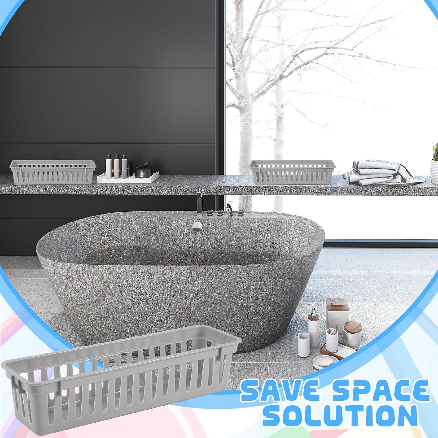 6 Pcs Gray Slim Plastic Storage Baskets Tray 10 x 3 x 2.5 Inch Compact Stackable Desk Organizer for Office, Classroom, School Supplies, and Home Storage, Organization(Gray)