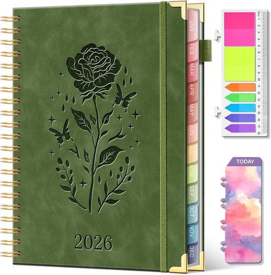 2026 Planner Hardcover Weekly & Monthly Calendar Planner for Women Jan 2026 - Dec 2026 8.5" x 11" Daily Agenda Book with Tabs Spiral Bound Inner Pocket Perfect for School Office, Green(Rose)
