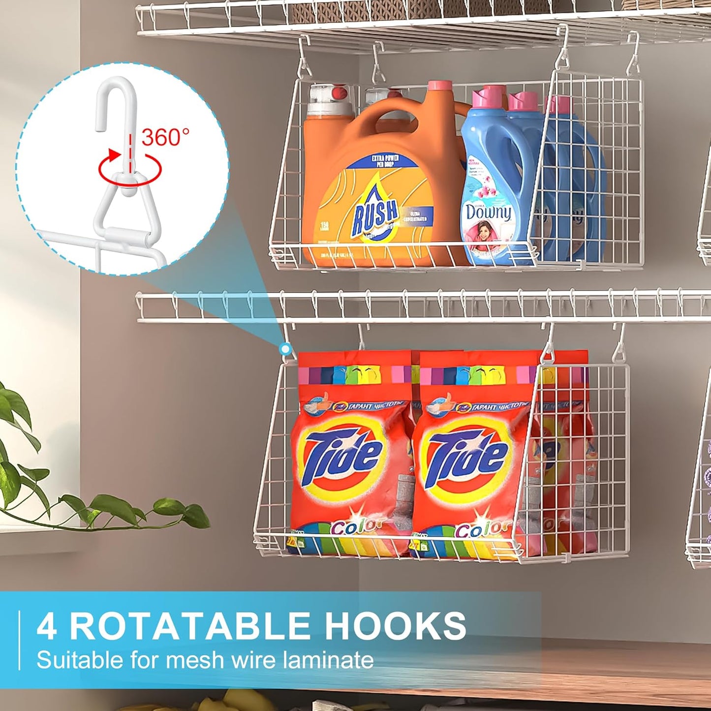 3-Pack Large Hanging Laundry Basket: Wire shelves for Laundry Room Organization with 360°Rotating Hooks Foldable Space Saving Over Washer and Dryer Shelves -Metal Laundry Basket Holder, White Patent