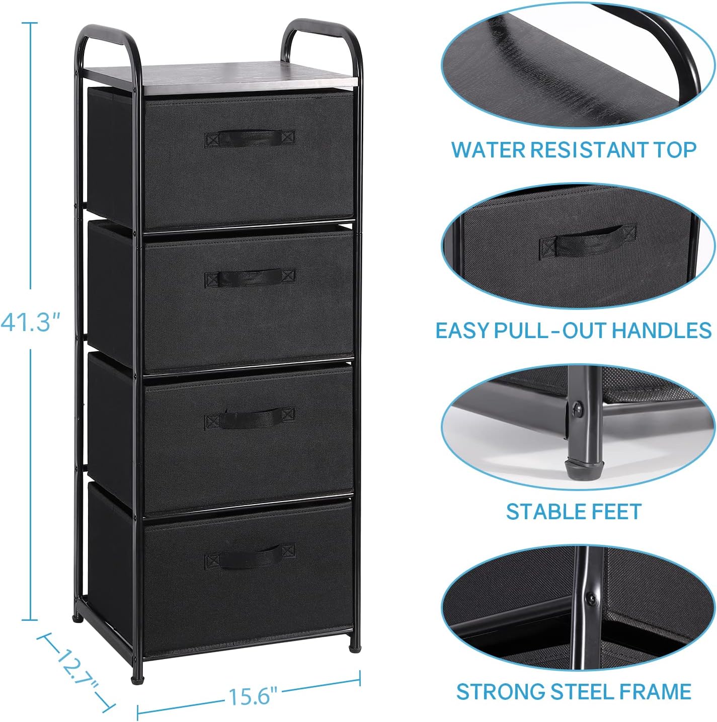 MAX Houser 4 Drawer Fabric Dresser Tall Storage Tower, Dresser Chest with Wood Top, Vertical Nightstand Side Organizer Unit with Metal Frame for Closets Bedroom Nursery Room Hallway(Black)