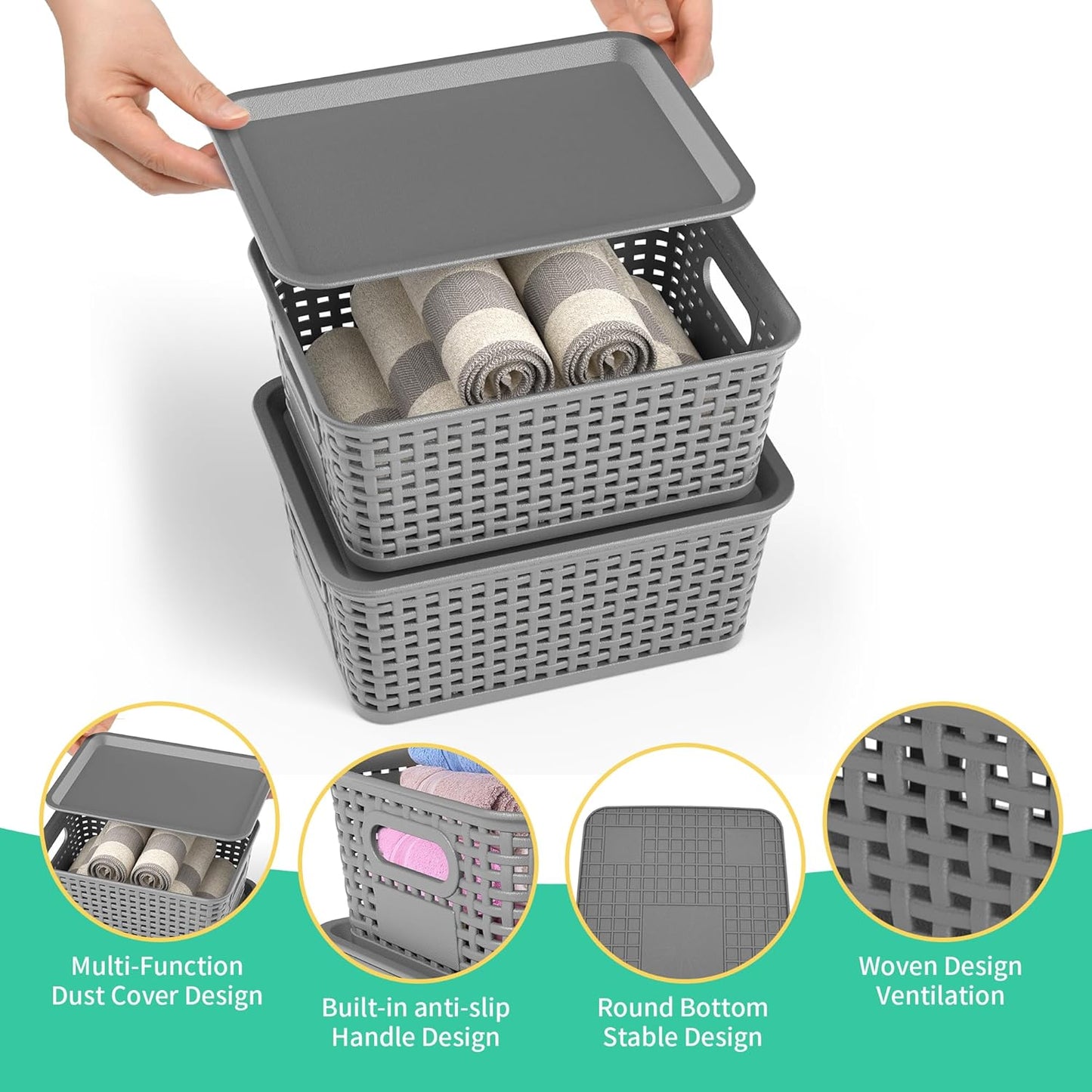 8-Pack Grey Plastic Storage Baskets with Lids, Label Organizers, Stackable Organizer Containers: For Organizing Shelves, Drawers, Desk Closets, Playrooms, Classrooms, Offices