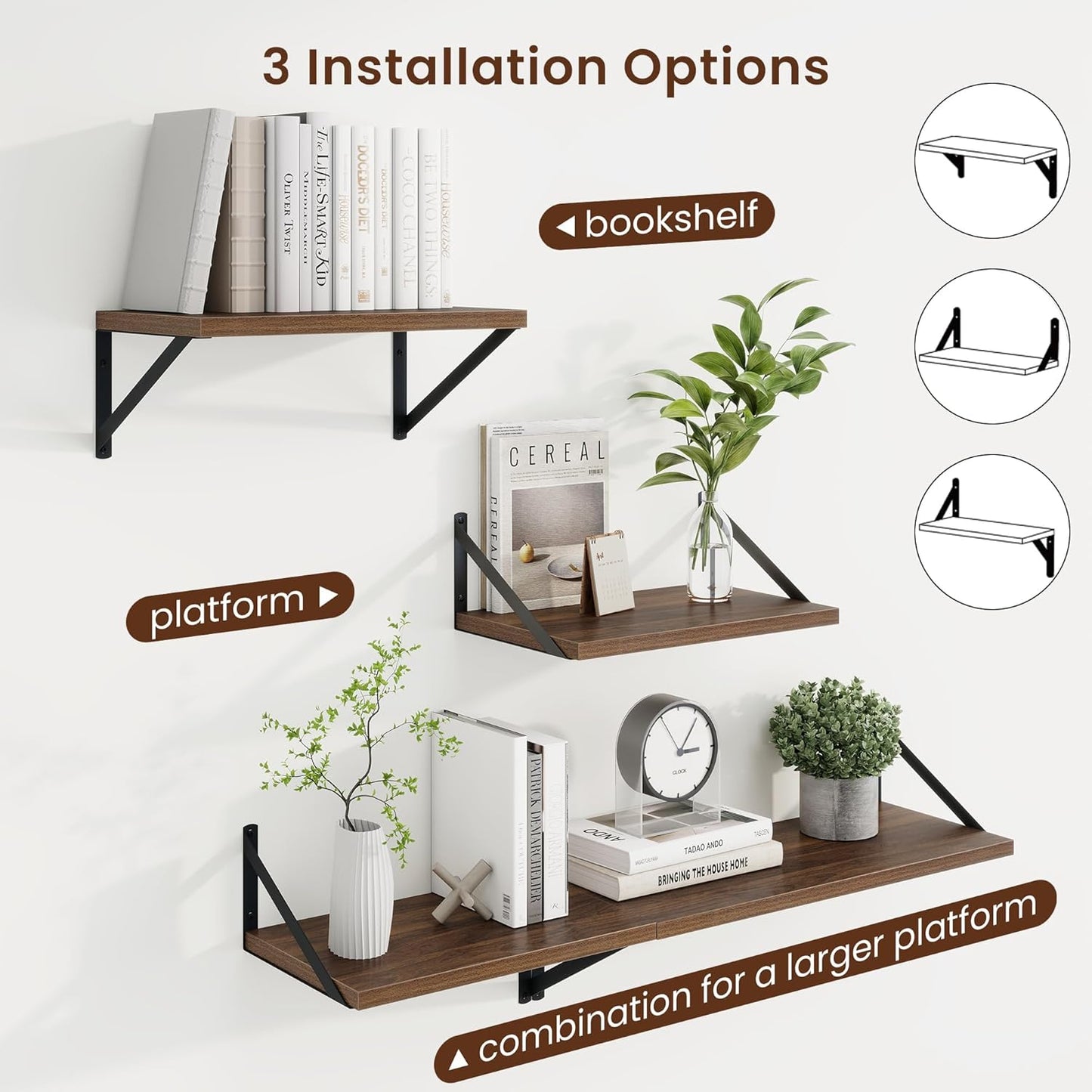 Axeman Deep Floating Shelves for Wall - 10 Inch Deep Floating Shelves Set of 2-16" W x 10" D Walnut Wall Shelves for Living Room Bathroom Bedroom