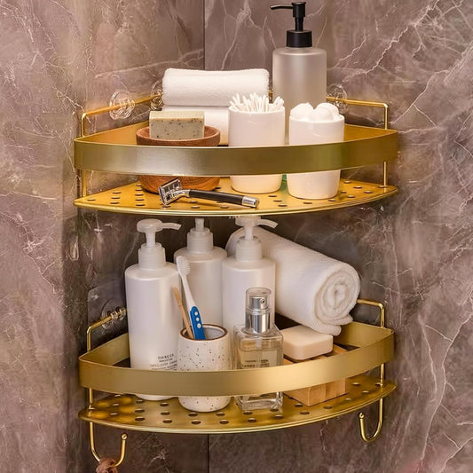 Corner Shower Shelves, 2-Tier Gold Shower Candy with 4 Hooks, Stainless Steel Bathroom Shower Organizers, Wall Mounted Caddy Shelves No Drilling with Adhesive, Triangle Storage Shelf for Toilet