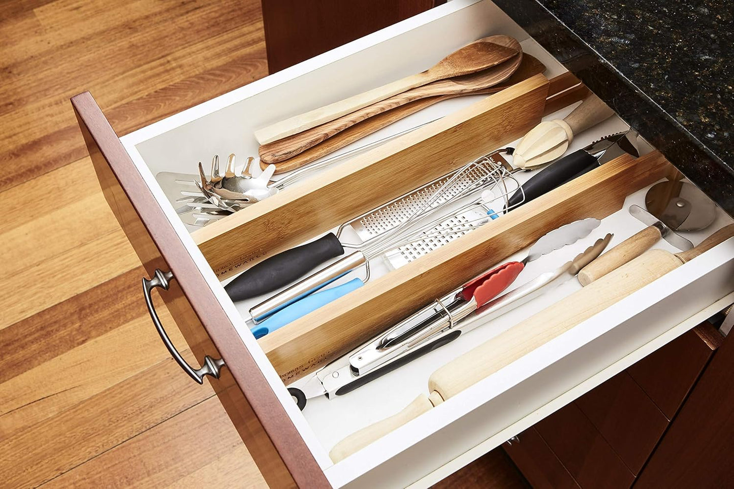 Bamboo Kitchen Drawer Organizer Divider Stackable for Deep Drawers. (Set-of- 4) Spring Loaded Dividers that are Expandable & Adjustable. Kitchen Organizer.