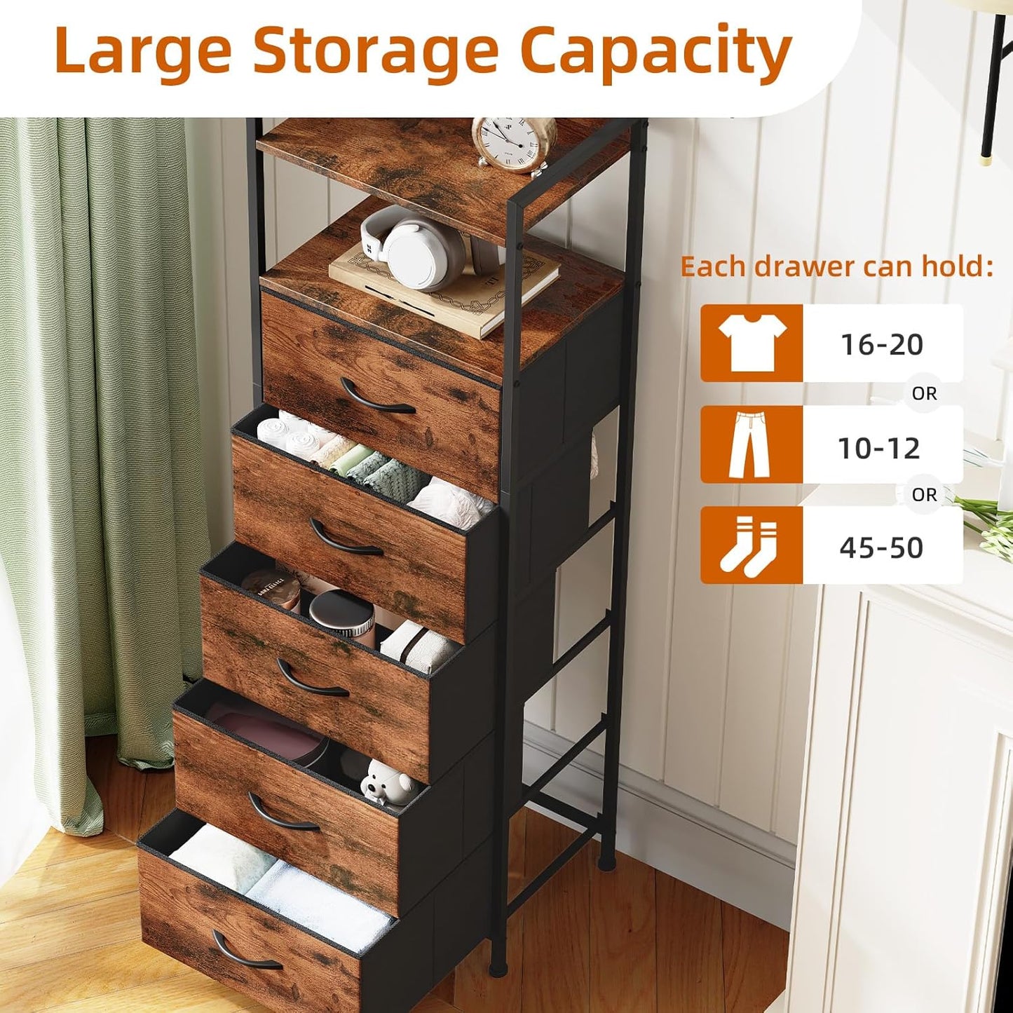 Somdot Tall Night Stand for Bedroom,Tall 5 Drawers Dresser, Vertical Storage Tower Unit, Nightstand Furniture with Fabric Drawer Organizer in Bedside Kids Room, Laundry Entryway, Wood Grain Print