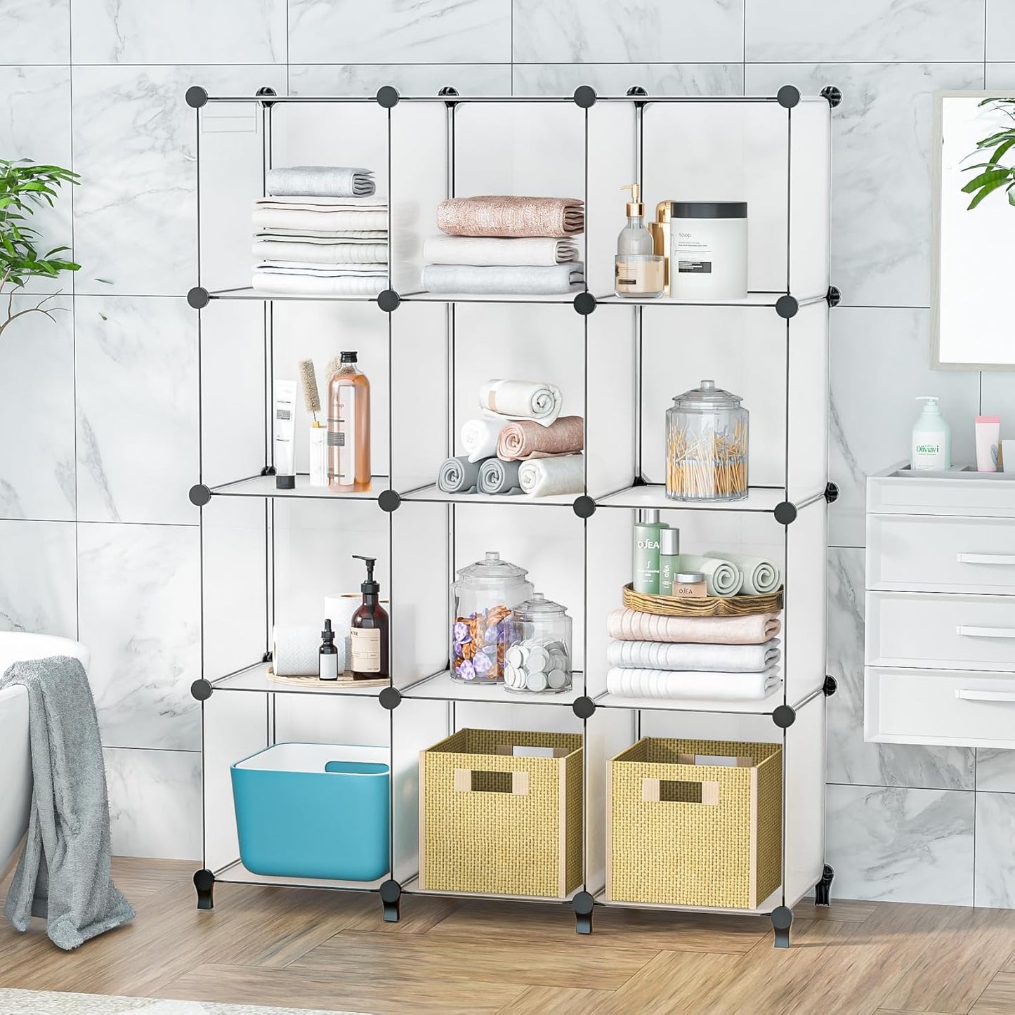 Cube Shelves, 12 Cubby Storage Organizer,DIY Closet Organizers and Storage Shelves for Bedroom,Stackable Closet Shelves for Clothing Storage,Book Shelf, Toy Organizers and Storage, Transparent White