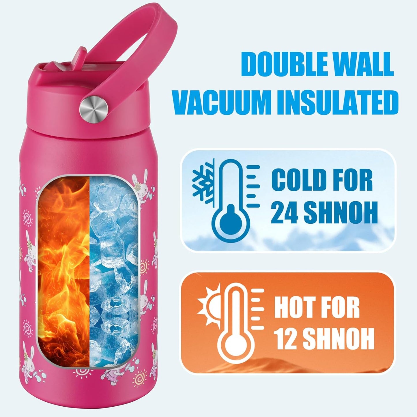 OLDLEY kids Water Bottle - 18oz Insulated Stainless Steel - Wide Straw Lid, Non Spill, Leakproof, Kids Water Bottle for School,Pink Bunny