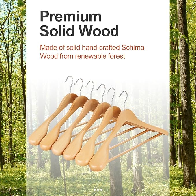 TOPIA HANGER Wide Shoulder Wooden Hangers, Suit Hangers with Non Slip Pants Bar & 360° Swivel Hook, Solid Wood Heavy Duty Coat Hanger, 6 Pack (Natural)-CT02NA
