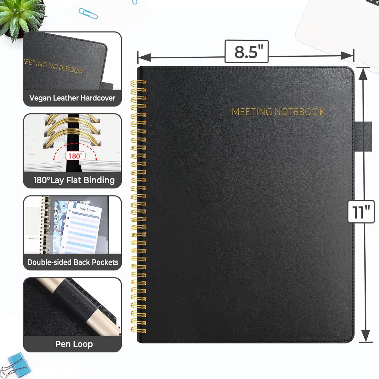 SUNEE Half Meeting Half Note - 8.5"x11" Professional Notebooks for Work - 160 Pages, A4 Size Project Planner, Spiral Meeting Agenda Organizer for Women Men, Note Taking,Office with Vegan Leather Cover