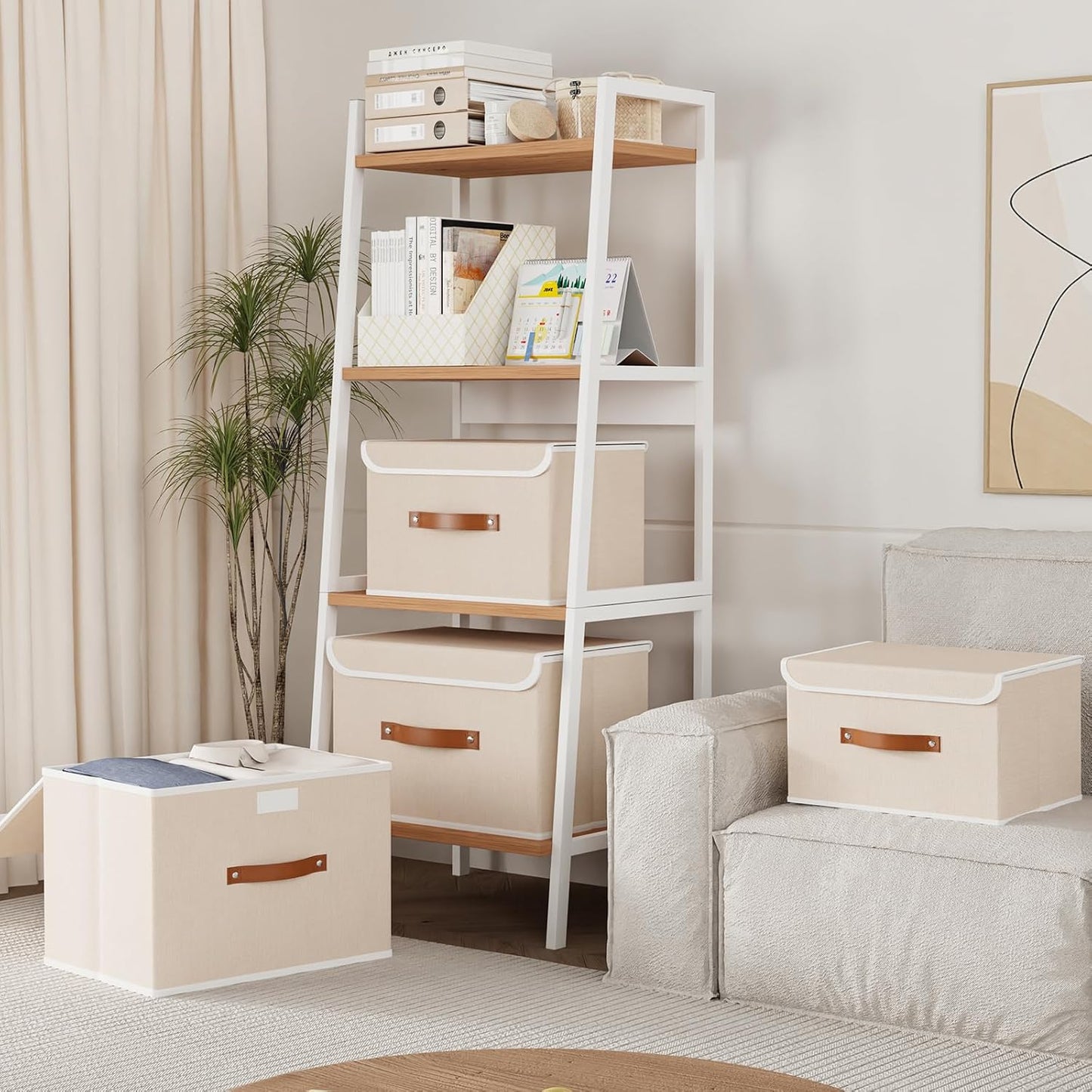 Yawinhe Collapsible Storage Boxes, Linen Fabric Baskets, Bin with lid and Leather Handle, Washable, for Home, Closet, Beige, 15.0''Lx9.8''Wx9.8''H, 3-Pack, USNK024BEL-3