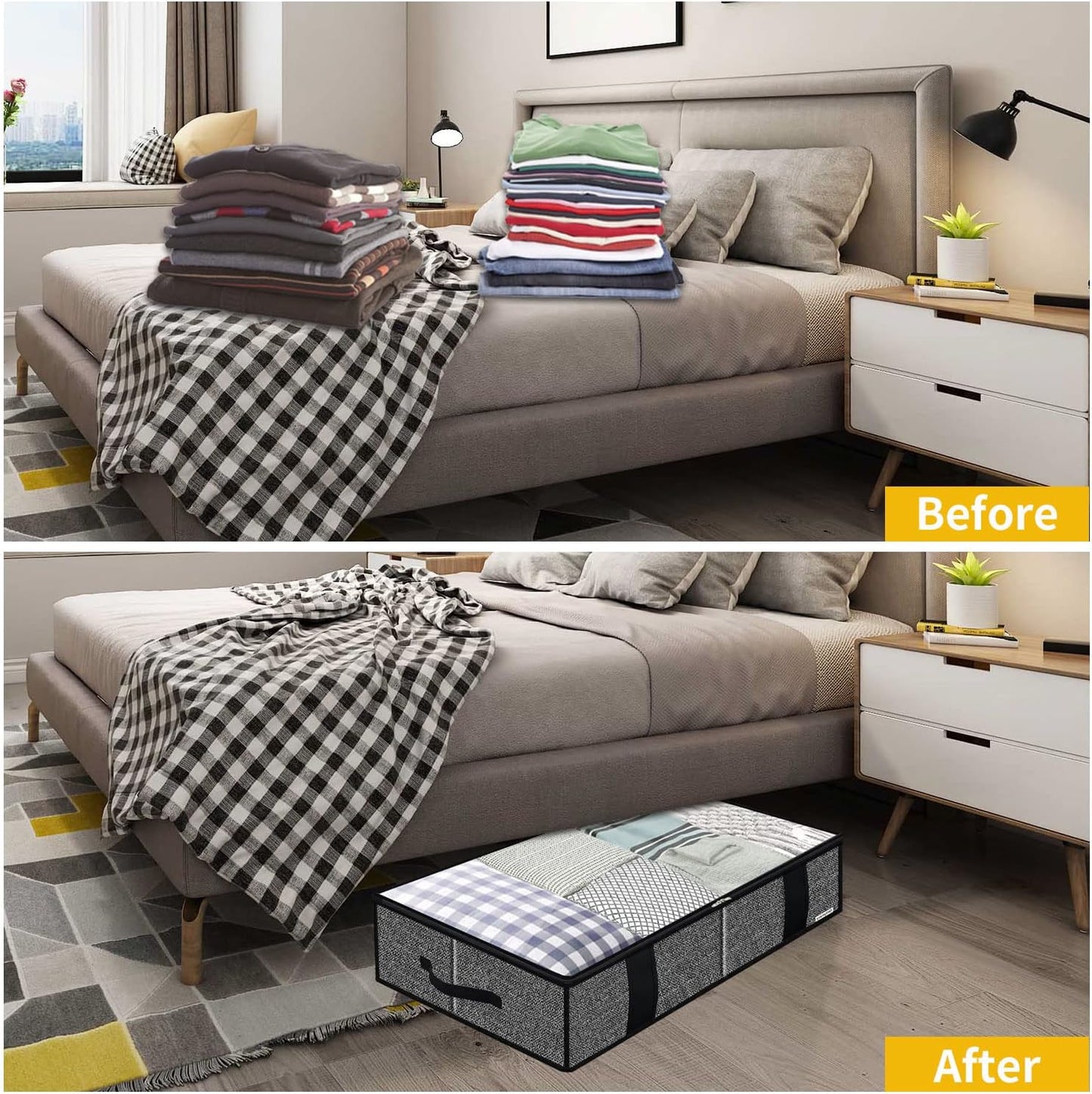 Onlyeasy Underbed Fabric Storage Bags Organizer with 4 Handles, 2 Zippers and Large Clear Window, for Clothes, Blankets, Bedding, Foldable with Sturdy Structure, 2 Pack, Linen-like Black, MXAUBBSS2P