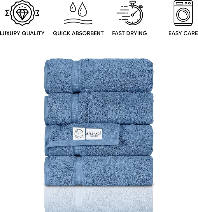 SALBAKOS 100% Turkish Cotton Bath Towel Set of 4 27x54 inch | Heirloom Quality | Hotel & Spa Collection | Ultra Soft, Super Absorbent, Long Lasting Bath Towels | Made in Turkey (Blue, 4 Bath Towels)
