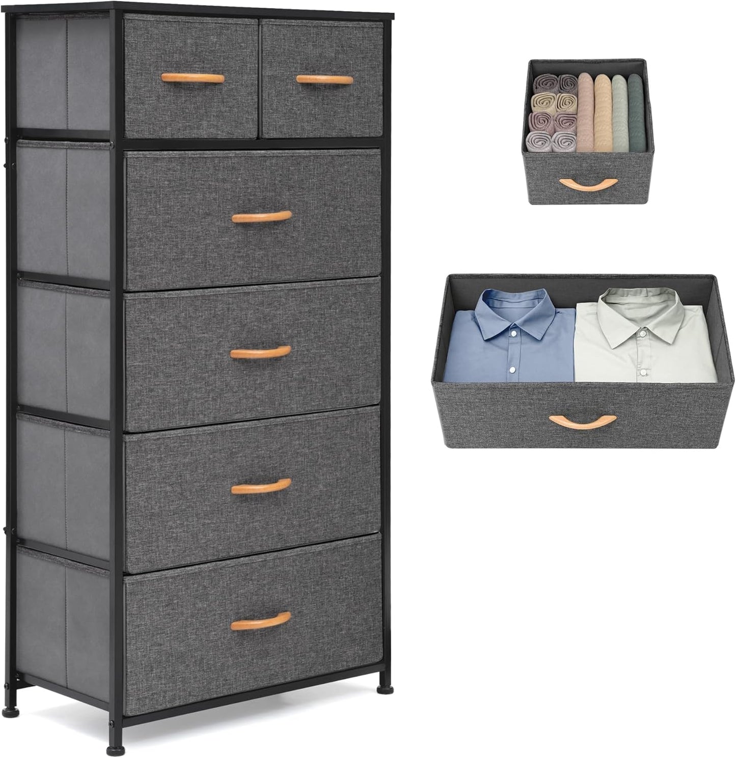 Fabric Dresser for Bedroom, Tall Skinny Dresser with 6 Drawers, Storage Organizer Tower, Steel Frame Wooden Top for Closet, Living Room, Hallway, Nursery(Grey)
