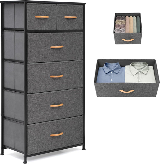 Fabric Dresser for Bedroom, Tall Skinny Dresser with 6 Drawers, Storage Organizer Tower, Steel Frame Wooden Top for Closet, Living Room, Hallway, Nursery(Grey)