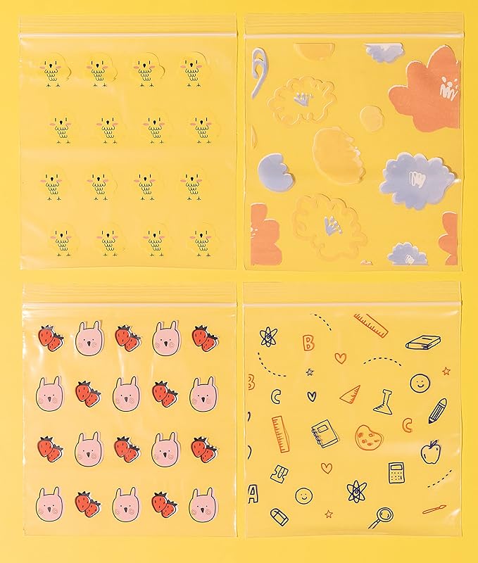 24/7 Bags- Quart Zip Storage Bags, 150 Count with Patterns, 4 Unique Fun Designs, Zero BPA, Lunch, Trips, Parties & More