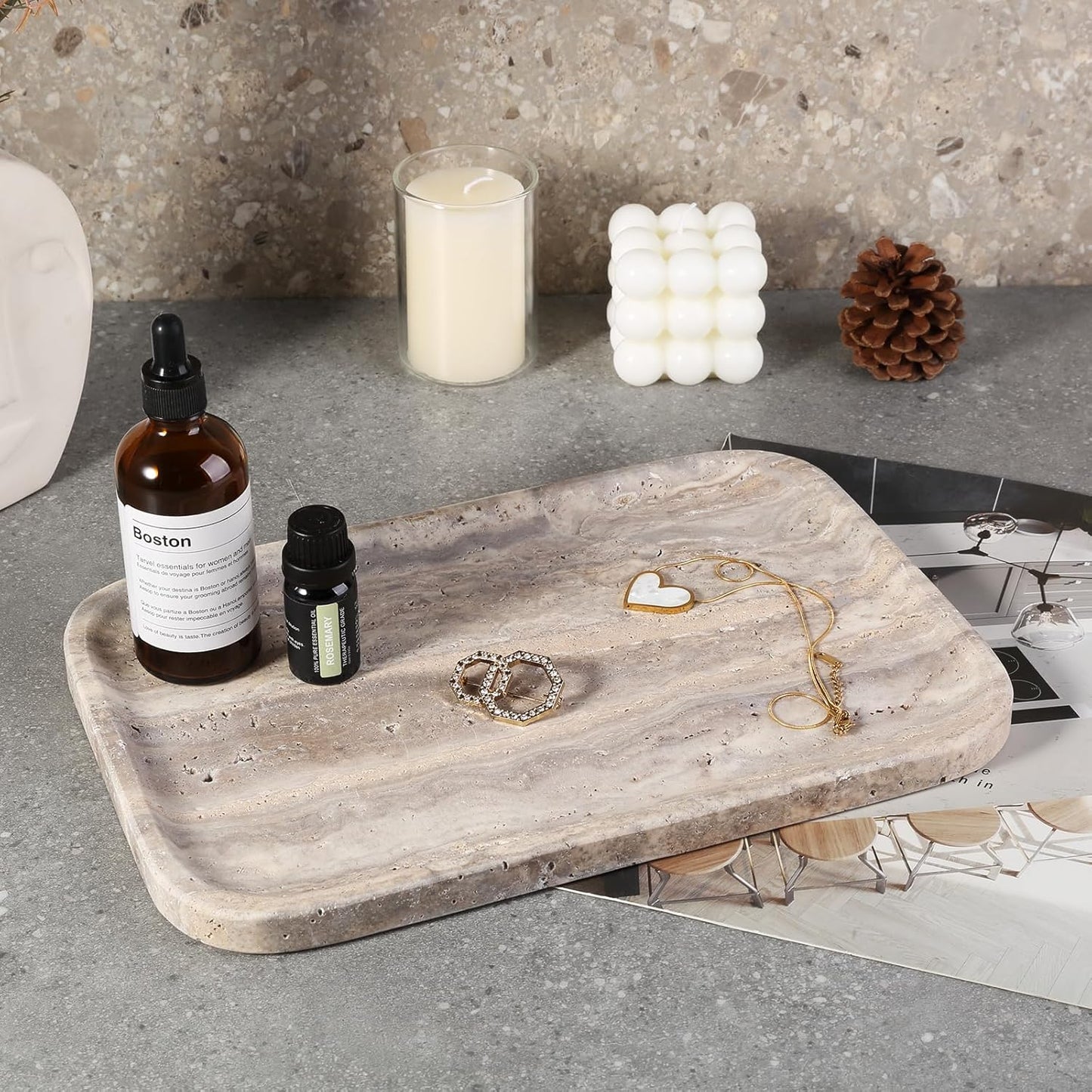 Marble Vanity Trays, Travertine Bathroom Tray, Decorative Tray for Dresser Countertop, Grey Stone Serving Holder for Kitchen, Storage Trays for Perfume, Jewelry Candle Organizer