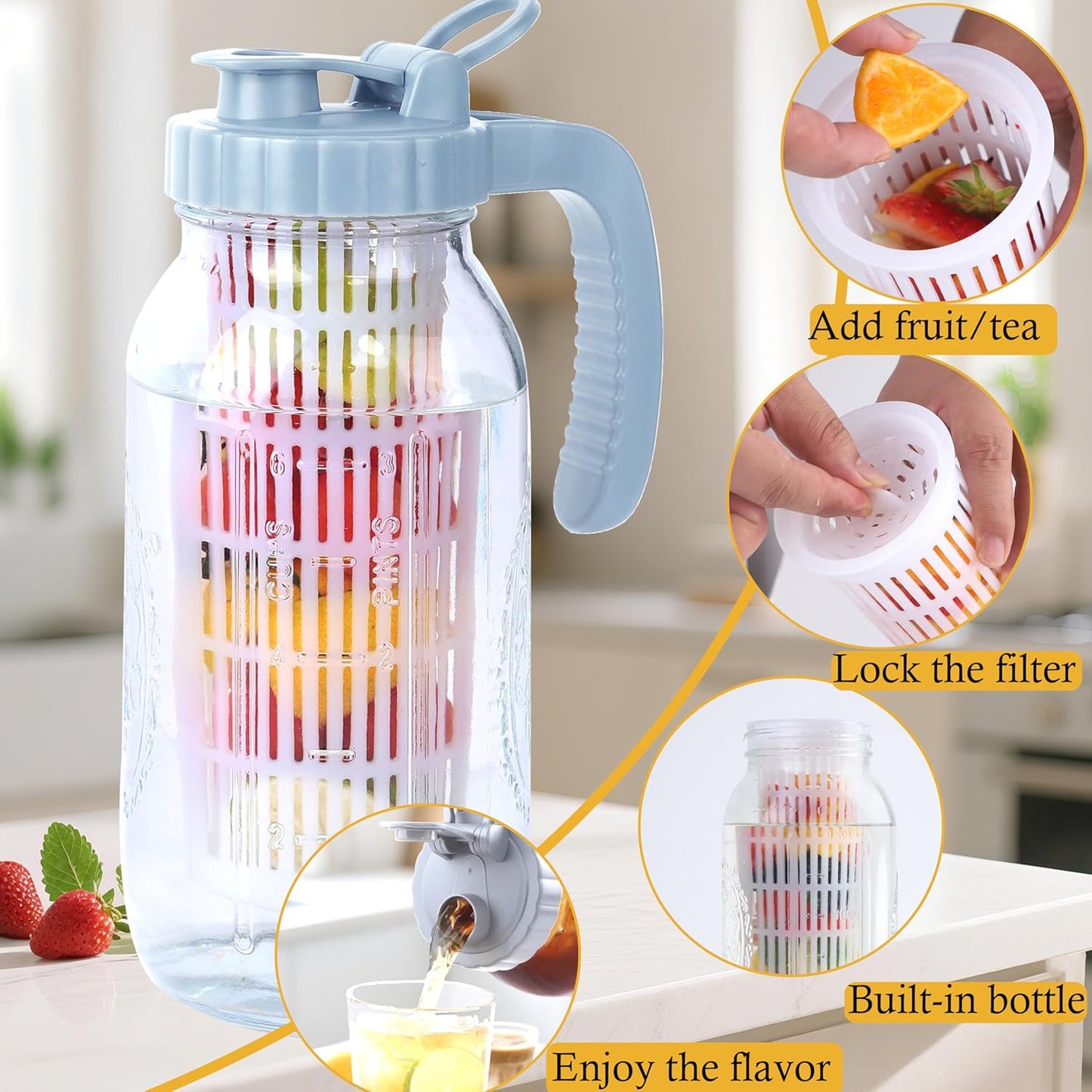 64 Oz Glass Pitcher With Infuser Lid Half Gallon Mason Ja Fruit Infused Cold Hot Water Pitcher 2 Quart Wide Mouth Sun Tea Jar For Outside For Fridge Lemonade, Beverage,Milk,Juice, Cold Brew Container