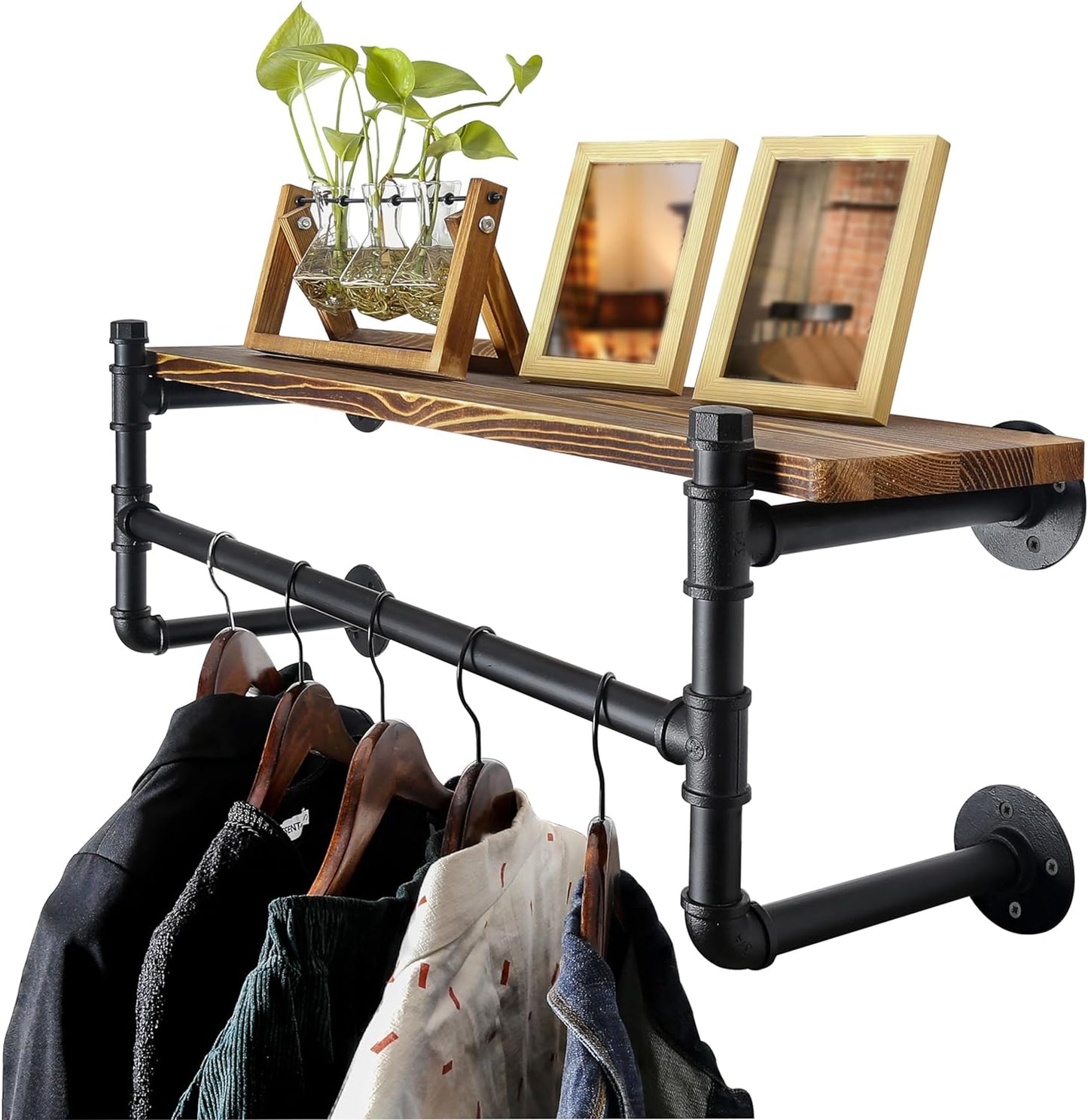 WEBI Wall Mounted Clothes Rack with Shelf,24" Industrial Pipe Clothing Rack with Shelves,Heavy Duty Iron Garment Bar,Retail Display Clothes Rod for Laundry Room,Black