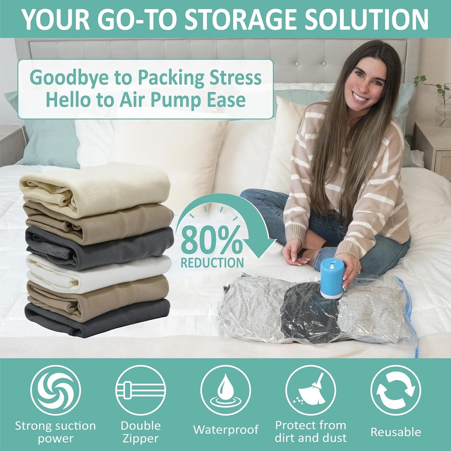 Cozy Essential Travel Vacuum Clothes Bags with Rechargeable Electric Pump for Luggage, Suitcase, Vacuum Seal Compression Space Saver Bags for Clothing, 8 Pack