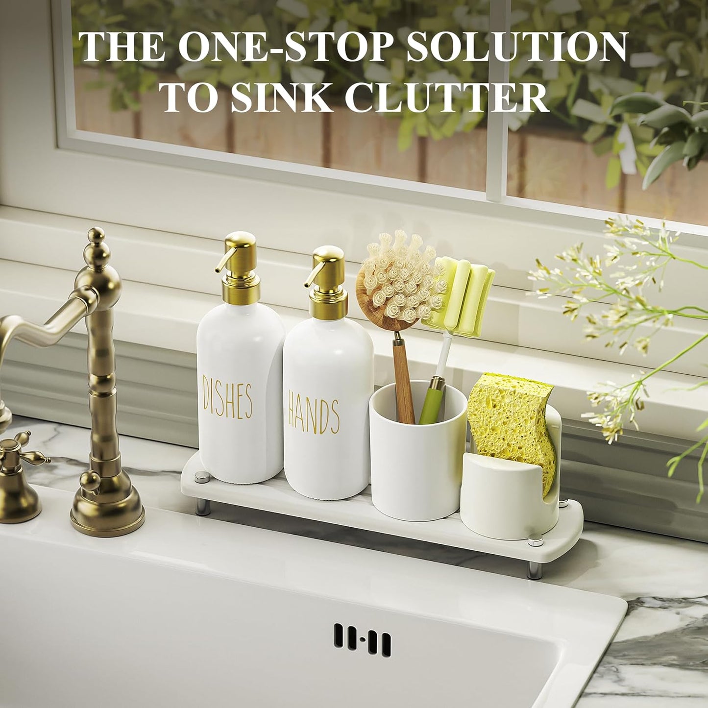 Cisily Gold Kitchen Soap Dispenser Set with Ceramics Sponge Holder and Brush Holder, Gold Pumps, and Instant Dry Tray, Hand and Dish Soap Dispenser Set Suitable for Kitchen Decor and Accessories