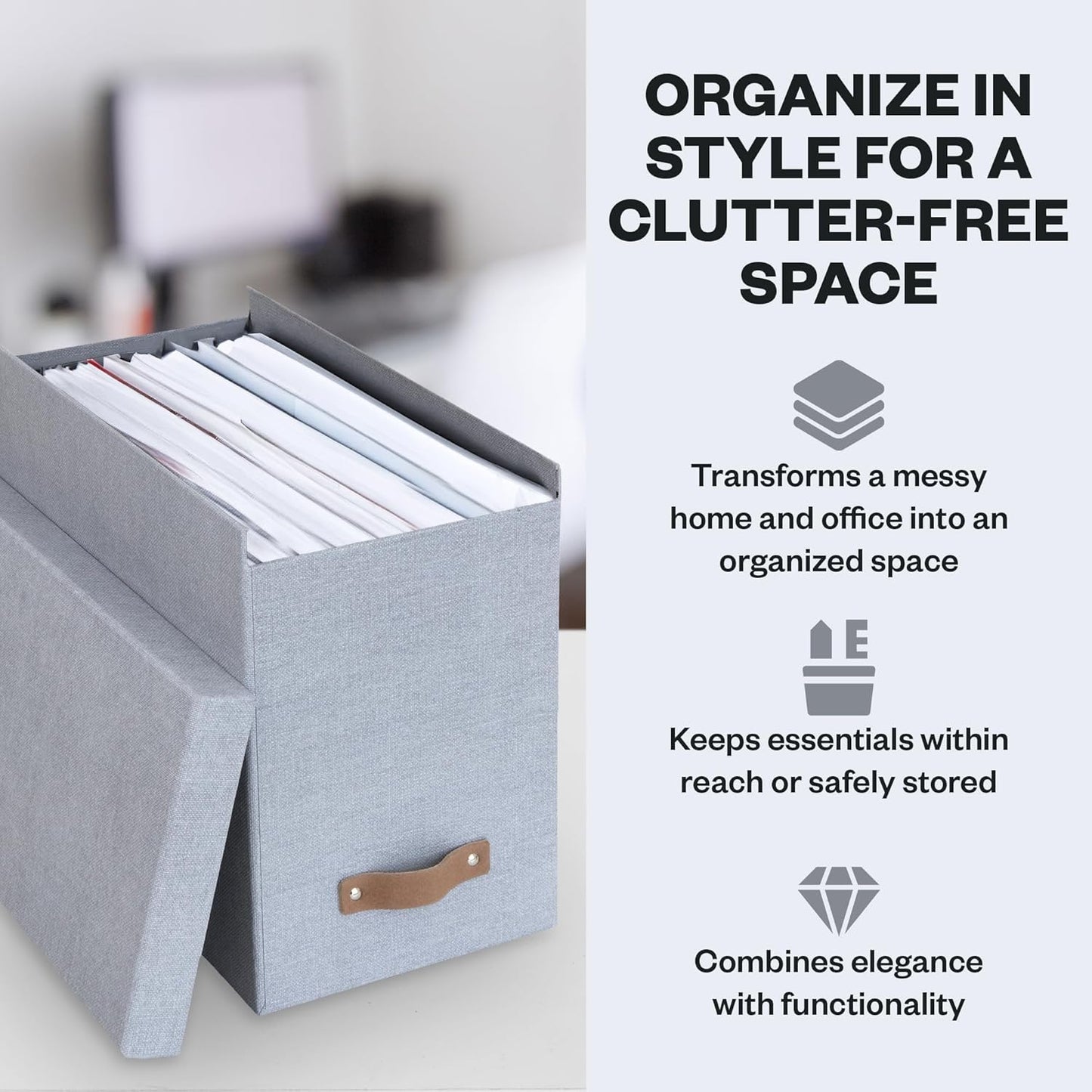 Bigso John File Box - File Storage Box and File Organizer for Important Paperwork - Durable Hanging File Box with Lid and Leather Handle - 7.4 in x 13 in x 10.4 in - Ash