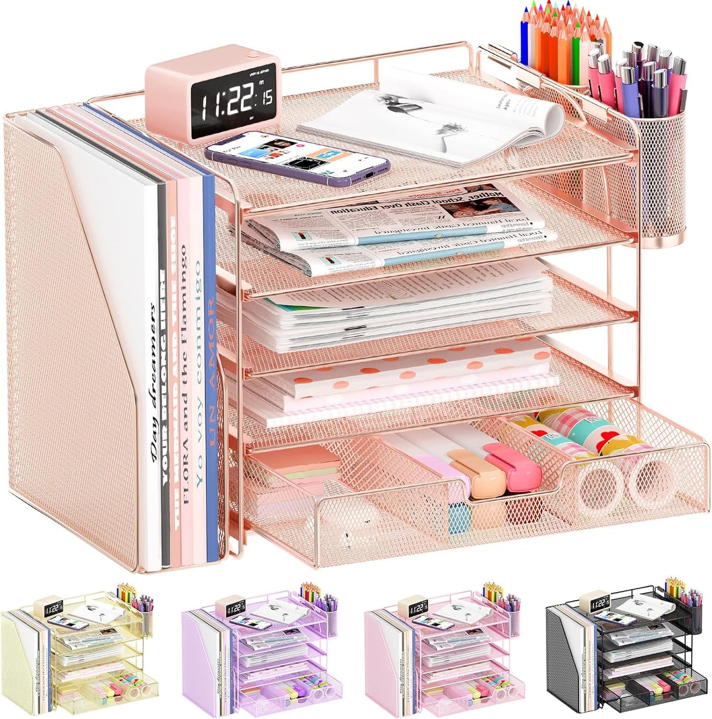Desk Organizers and Accessories with File Holder, 5-Tier Office Desk Accessories & Workspace Desktop Organizer with Drawer and 2 Pen Holder, File Paper Organizer for Office Supplies(Rose Gold)