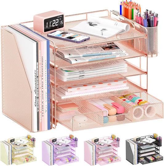 Desk Organizers and Accessories with File Holder, 5-Tier Office Desk Accessories & Workspace Desktop Organizer with Drawer and 2 Pen Holder, File Paper Organizer for Office Supplies(Rose Gold)