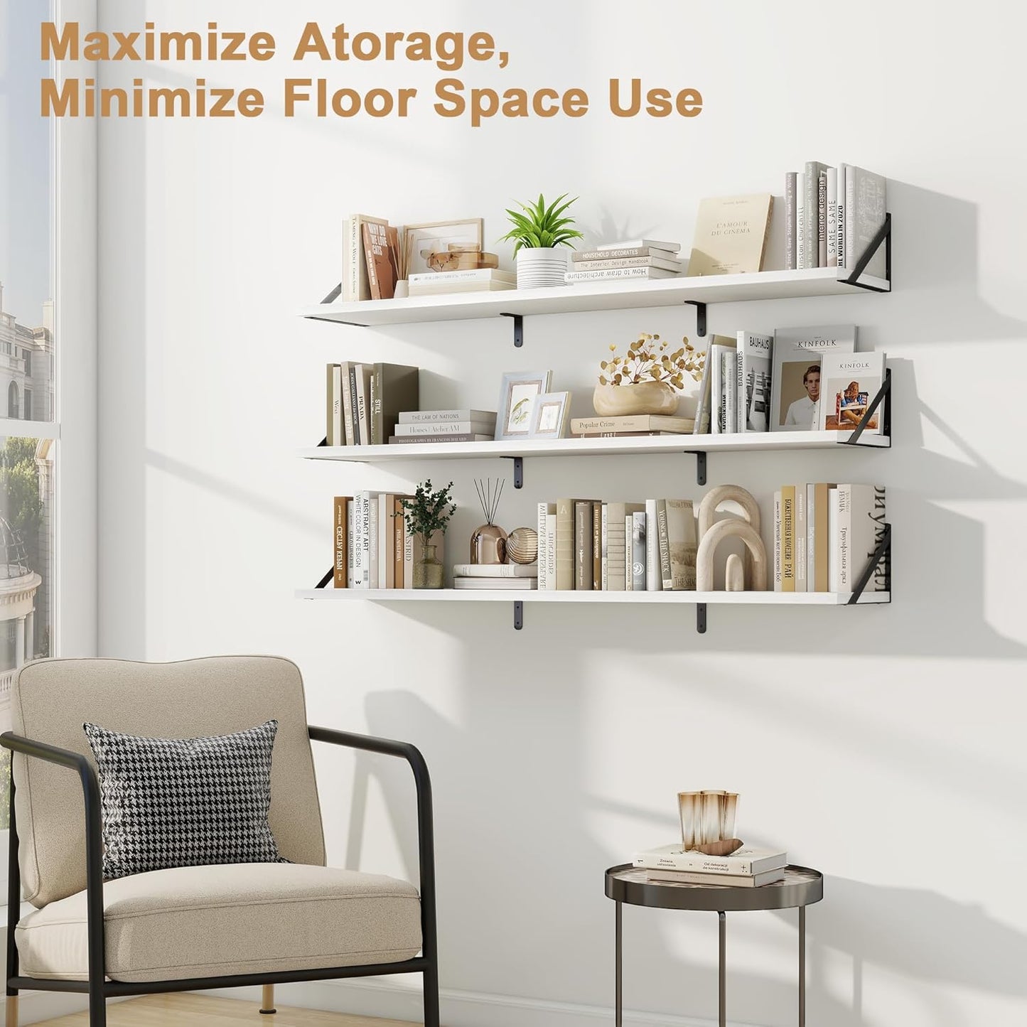 Fun Memories Extra Long Floating Wall Shelves, 48 x 8 Inches, Set of 3 Large Wood Floating Bookshelves with Metal Brackets for Storage & Display (White)