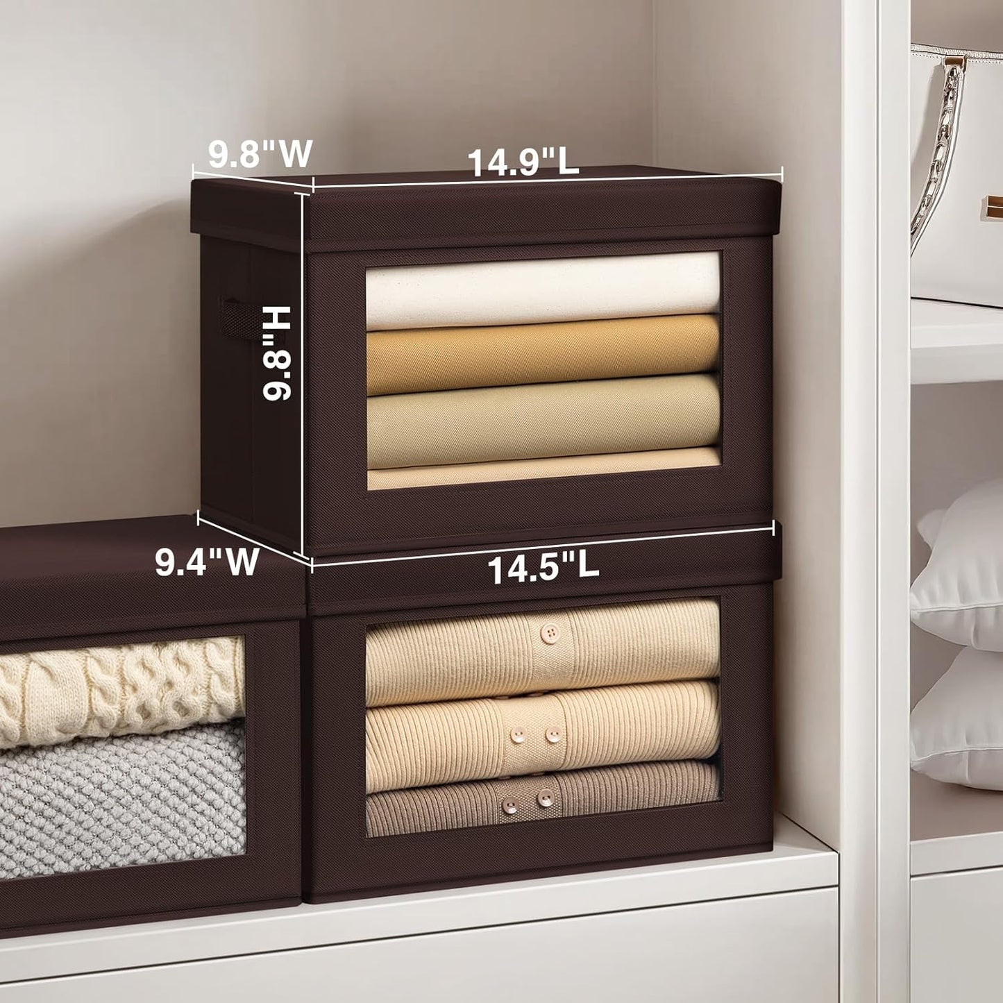 Stackable Storage Bins with Lids - Medium Storage Box with Lids, Foldable Closet Boxes for Organizing, Wardrobe Clothes Organizer with Window, Cubes Bins for Living Room, 5 Pack, Brown