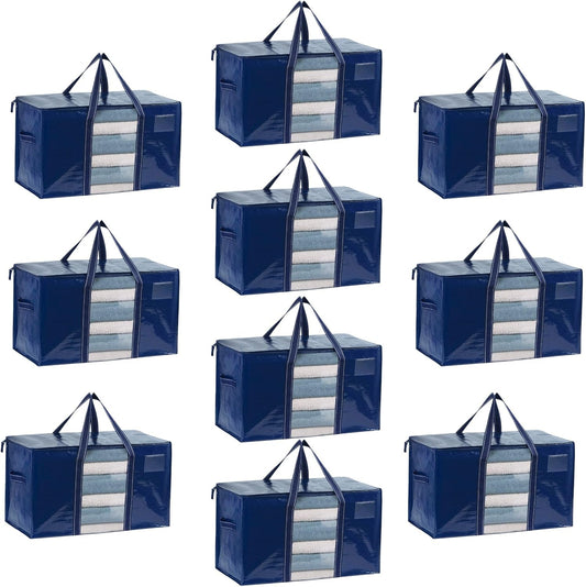 VENO 10 Pack Moving Bags, Moving Supplies, Moving Boxes, College Packing Storage Boxes with Lids Alternative, Dorm Space Saving Foldable Heavy-Duty Large Tote with Window, Zipper (Blue, 10 Pack)