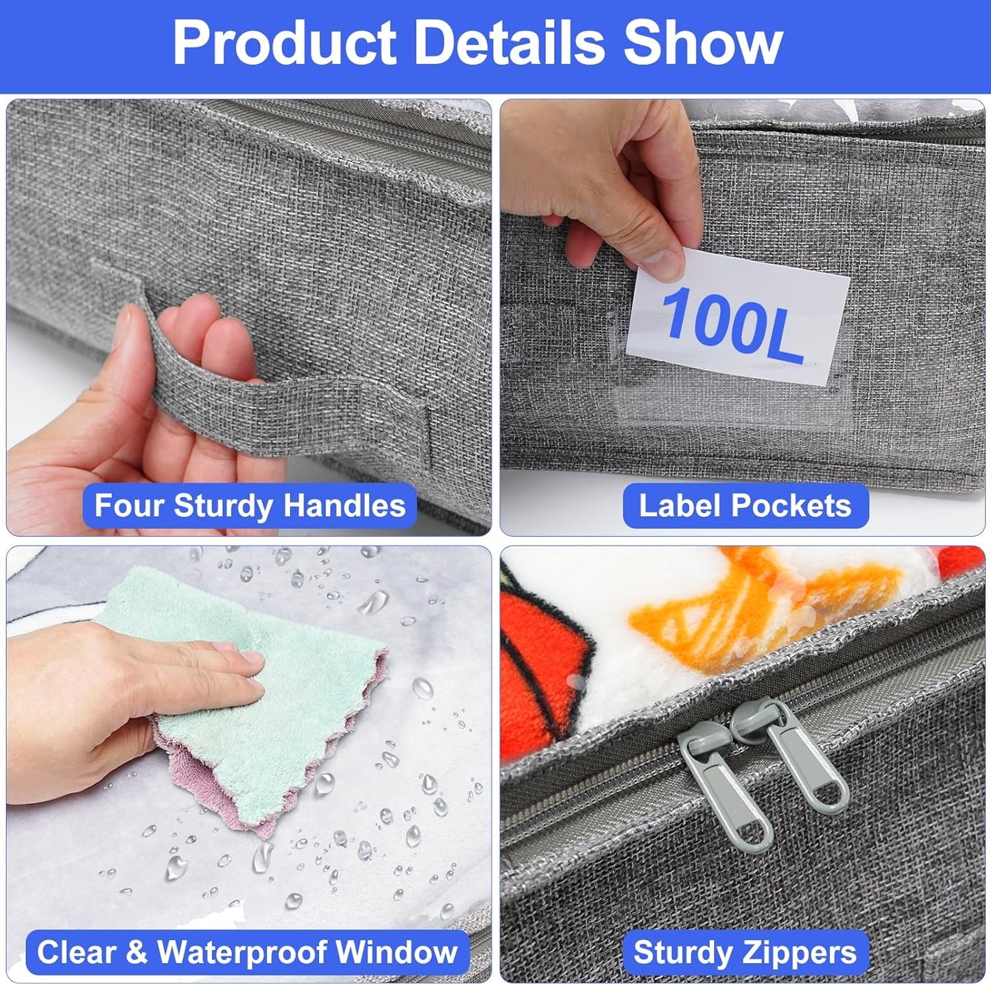 punemi 6-Pack Under Bed Storage Bags (No Support) - 100L Extra Large, Foldable Zipper Storage Containers for Blankets, Clothes & Comforters - Fabric Bins with Lids for Dorms, Closets & Organizing