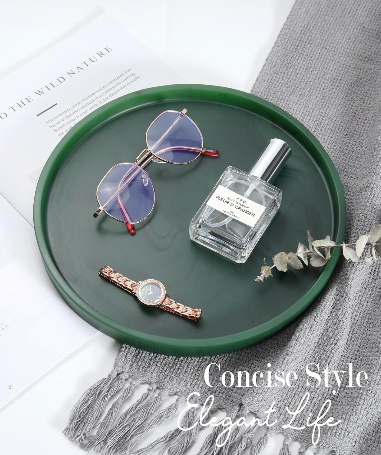 Emibele Vanity Tray, Resin Round Tray Decorative Storage Organizer for Bathroom Toilet Tank Bedroom Kitchen Countertop, Jewelry Storage Dresser for Candle,Lotion Bottle,Cosmetics, Matte Ink Green