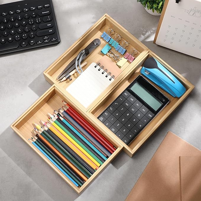 Kigley 8 Pieces Bamboo Drawer Organizer Kitchen Utensils Wooden Utensil Stackable Wooden Storage Box Bamboo Silverware Tray for Drawer(9 x 6 x 2 Inch,Wood)