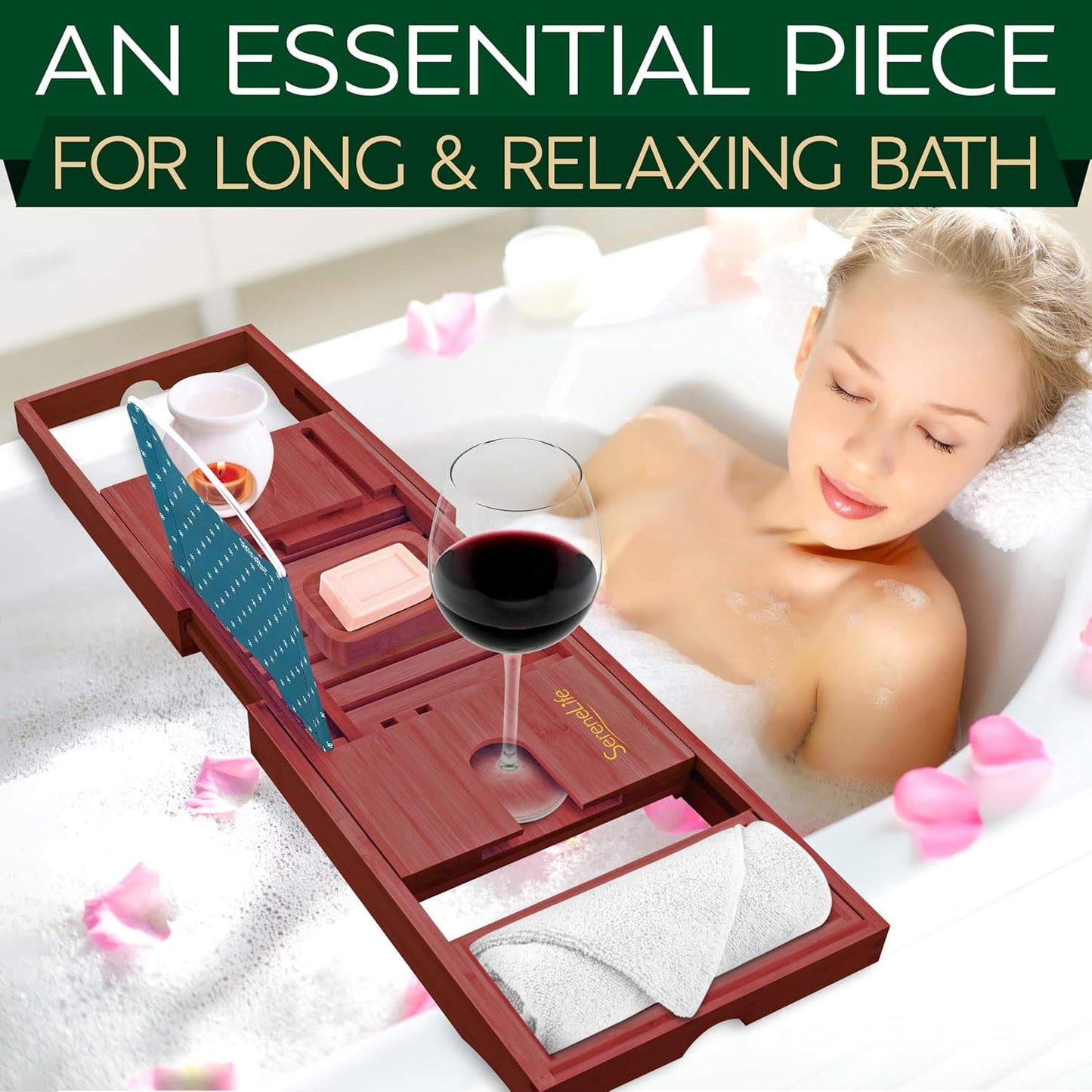 SereneLife Bathtub Tray - Expandable Bath Tray for Tub, Adjustable Bamboo Caddy with with Non-Slip Handles, Device Holder and Wine Glass Slot for Bathing Luxury (Brown, Soft Back, Gift Set)