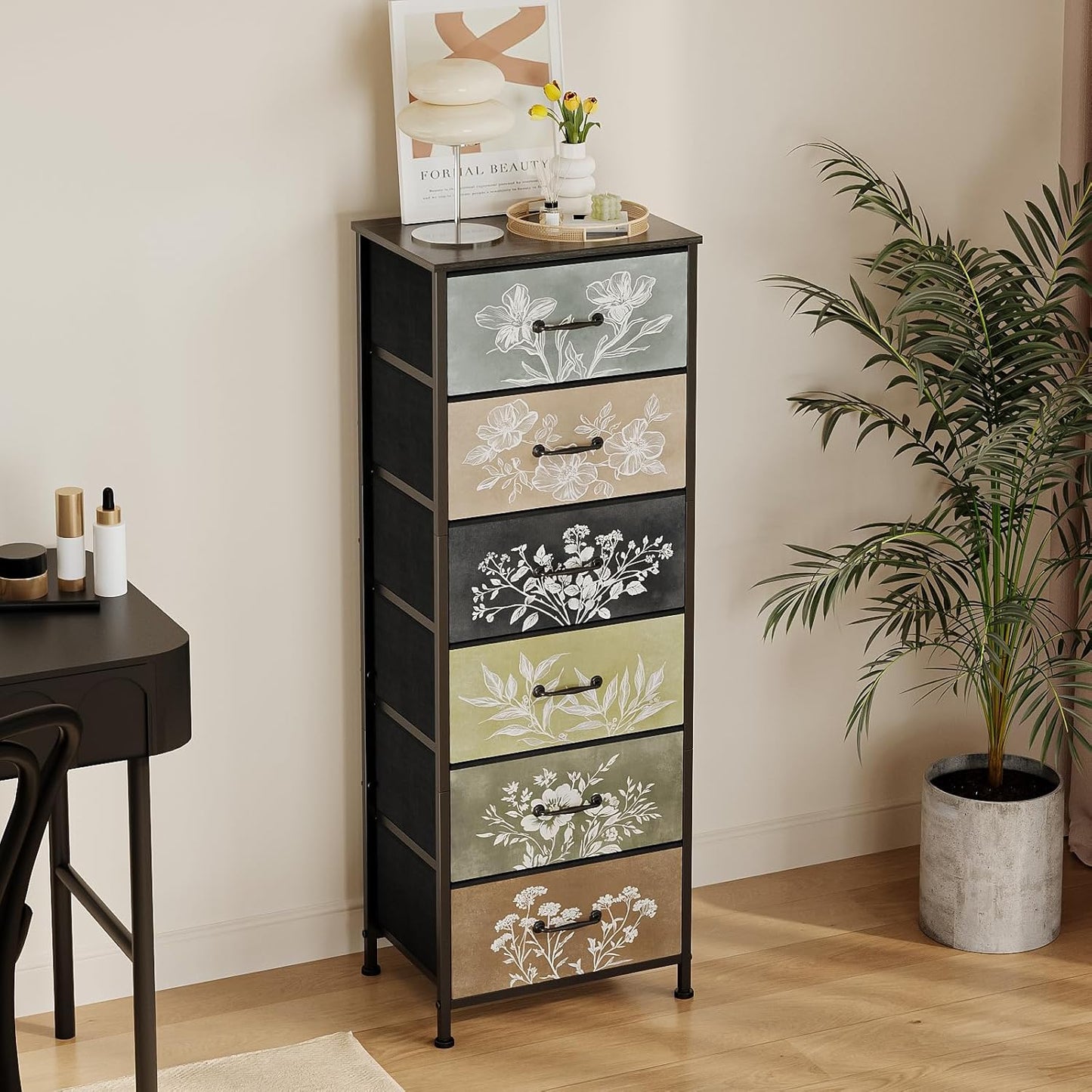 Tohomeor Vintage Dresser Vertical Nightstand with Neutral Botanical Plant Fabric Chest Drawers for Closet Bathroom Storage Tower Unit Bed Side Organizer Farmhouse Rustic (Multi, 6 Drawers)