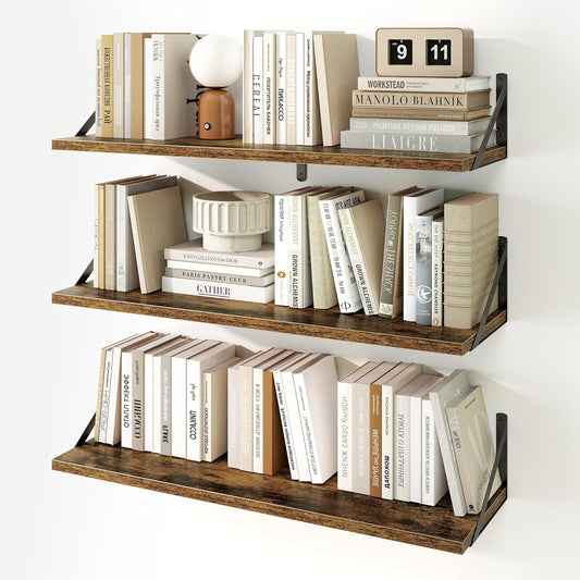 Fun Memories Floating Shelves, 32 x 8 Inches, Set of 3 Wall-Mounted Bookshelves with Metal Brackets, Decorative Storage for Home and Office (Rustic Brown)