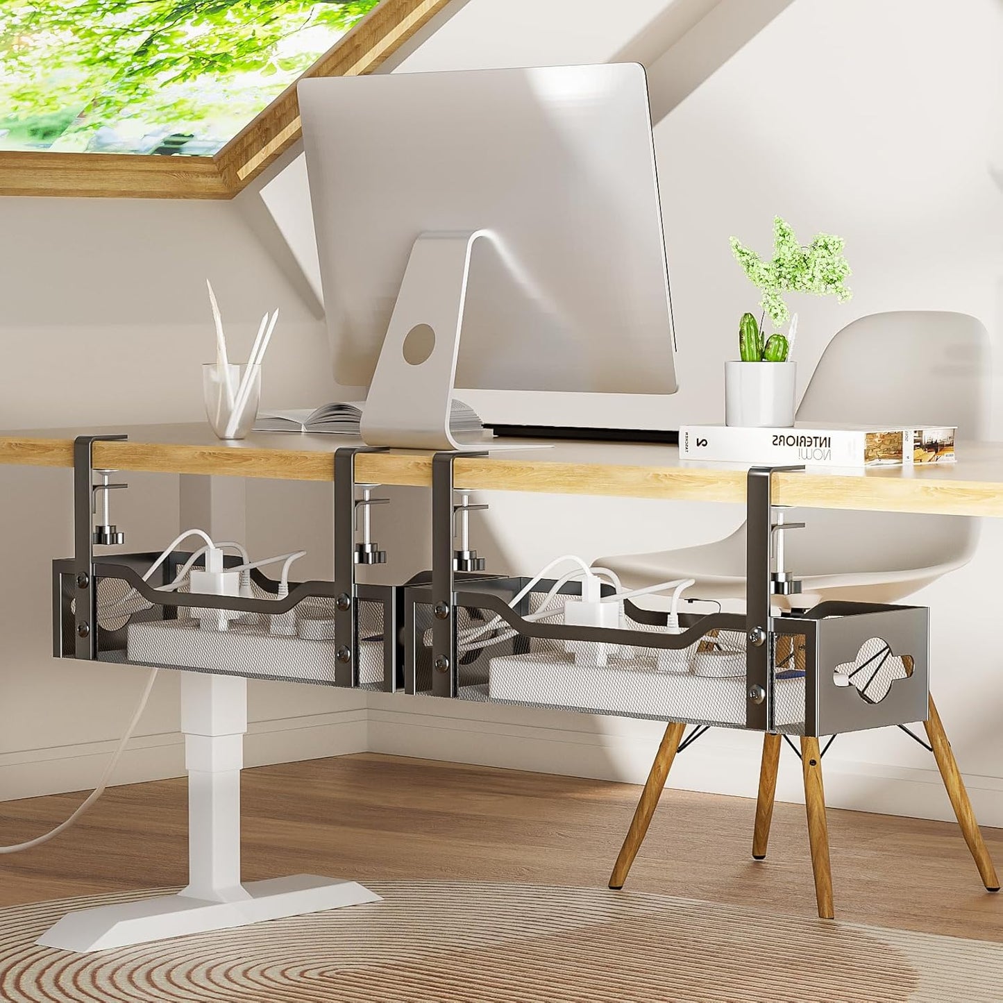 Litwaro Under Desk Cable Management Tray 2 Pack, No Drill, Organizer with Clamp Easy to Install for Standing Cord Organizer, Wire Damage Desk, Black, 13.38''-2 pack