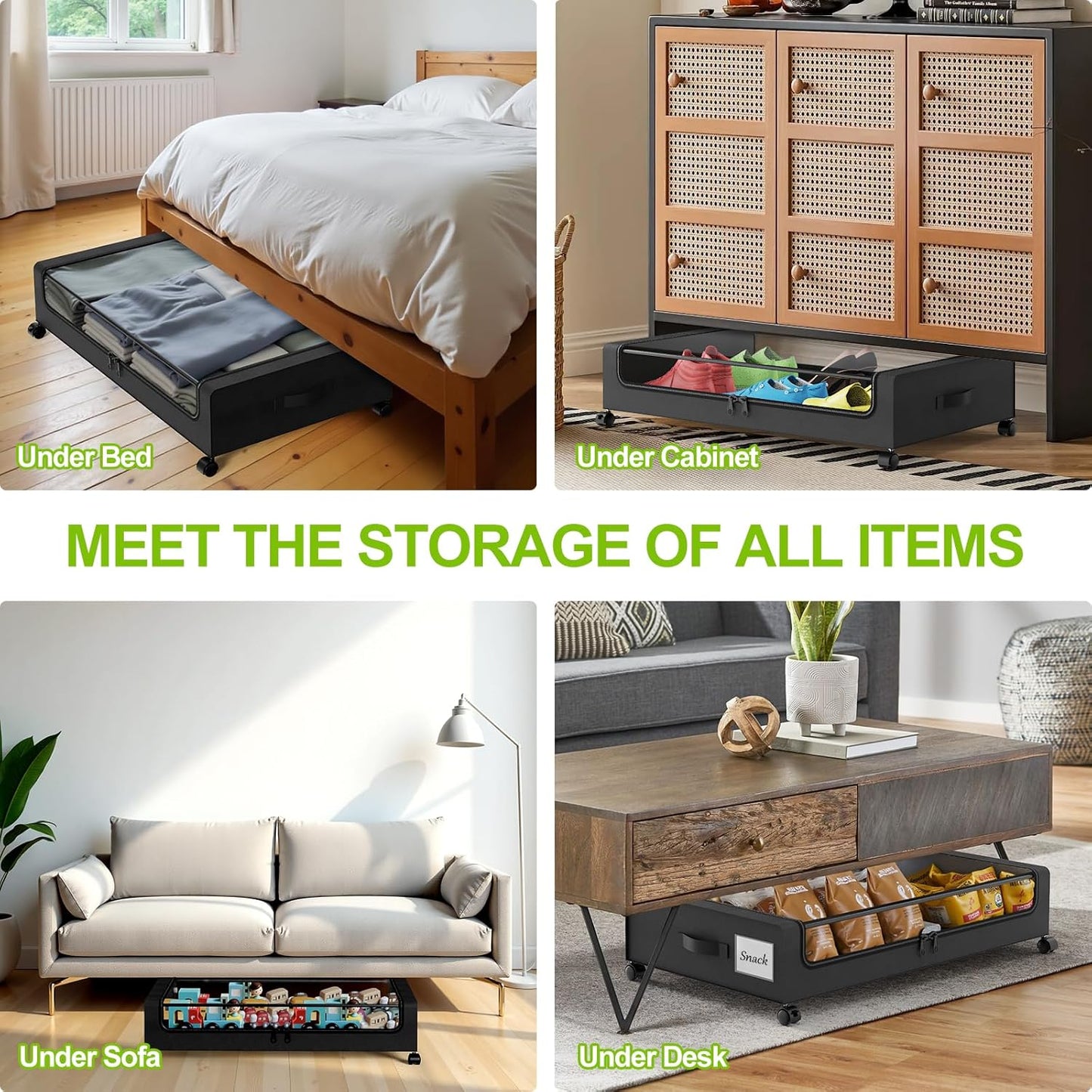 Under Bed Storage with Wheels, 4-Pack Underbed Storage Containers with Clear Lids, Under Bed Shoe Storage Organizer, Rolling Under Bed Storage for Clothes Shoes Blankets (Black)