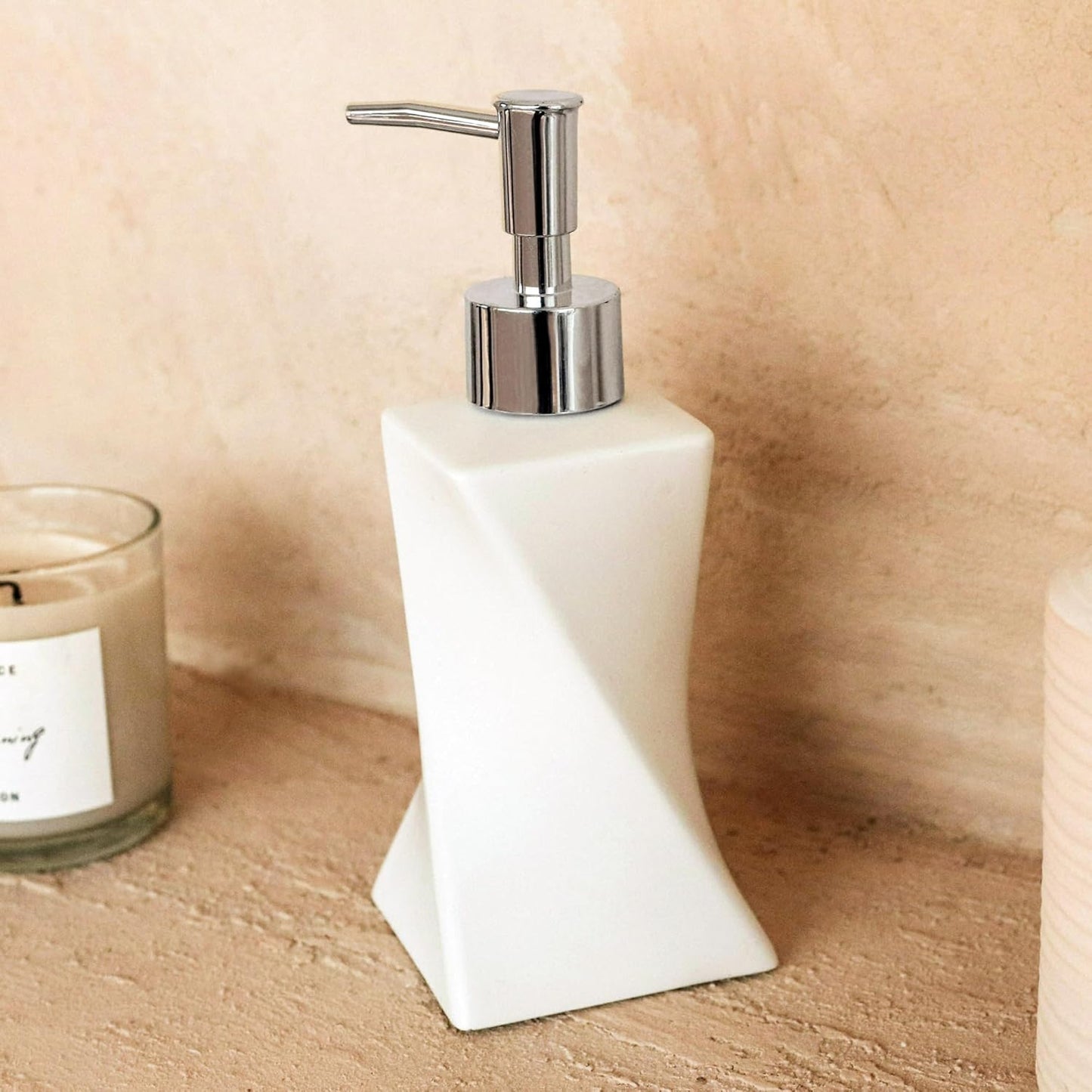 Modern White Soap Dispenser with Silver Pump for Bathroom and Kitchen, Contemporary Art Style, Matte Finish, Rust Proof, 8.5oz (Arctic White)