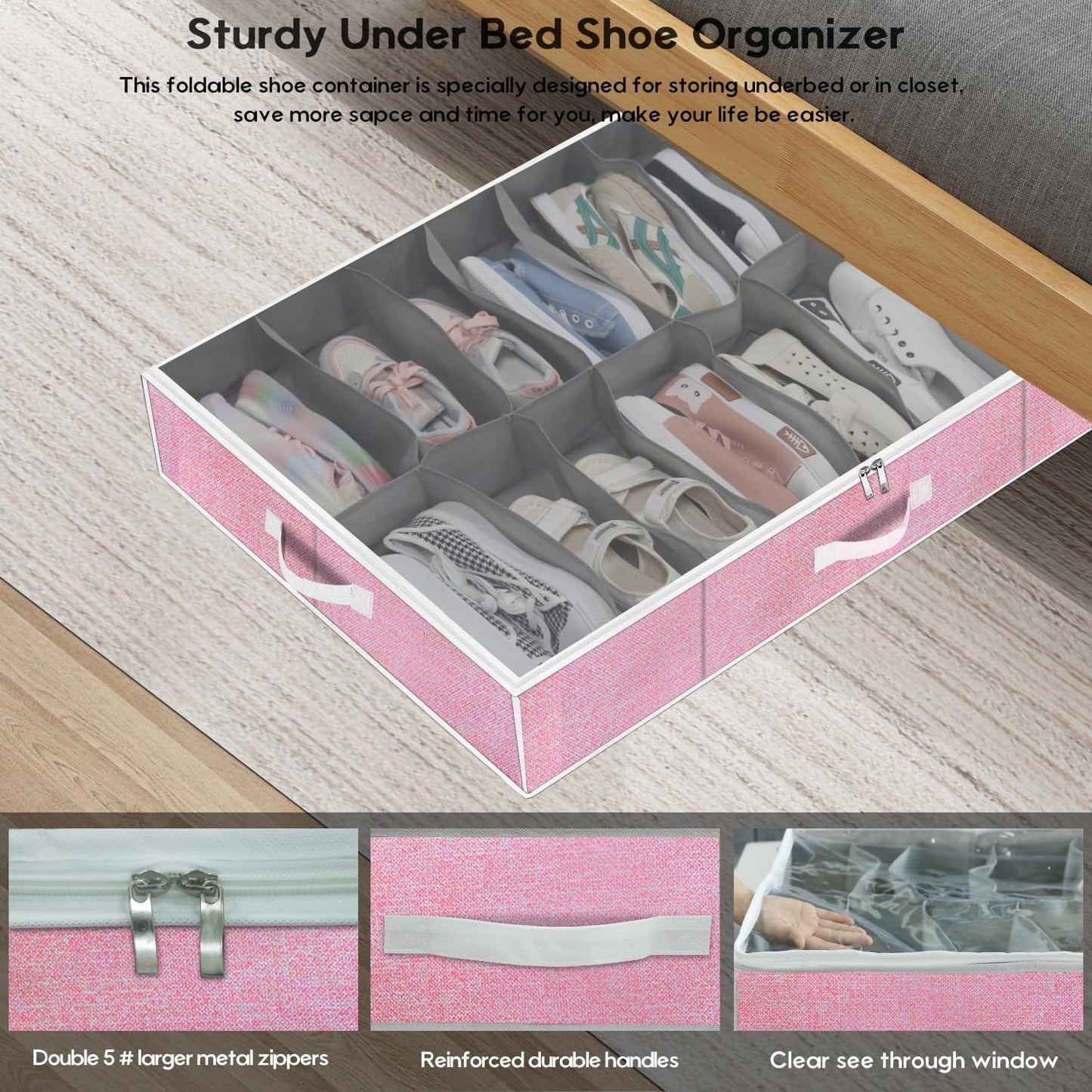 Onlyeasy Large Under Bed Shoe Organizer Container Box, Set of 2, Fit 16 to 32 Pairs of shoes, Underbed Shoes Closet Storage Solution, L37.7x W23.6x H5.9 inch, Cotton-like Pink, MXPUBS16P2