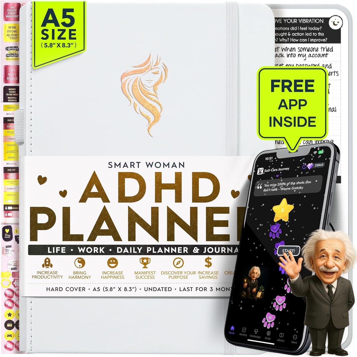 ADHD - A Self Care Personal Gratitude Journal to Increase Productivity and Success in Life & Work, Weekly & Monthly Undated Planner for Women and Men, Vision Board & Organizer + Stickers