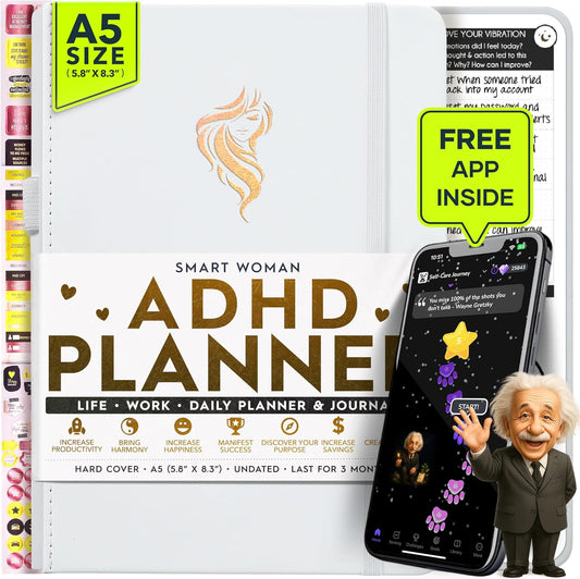 ADHD - A Self Care Personal Gratitude Journal to Increase Productivity and Success in Life & Work, Weekly & Monthly Undated Planner for Women and Men, Vision Board & Organizer + Stickers