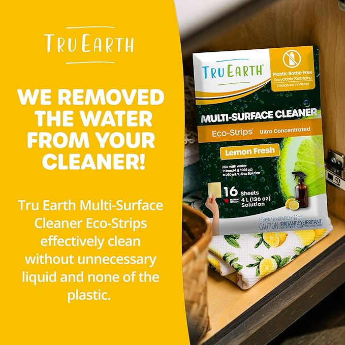 Tru Earth Multi-Surface Cleaner Eco-Strips | All Purpose Cleaner Concentrate for Multi-Use, Fresh Lemon Scent, 16 Strips