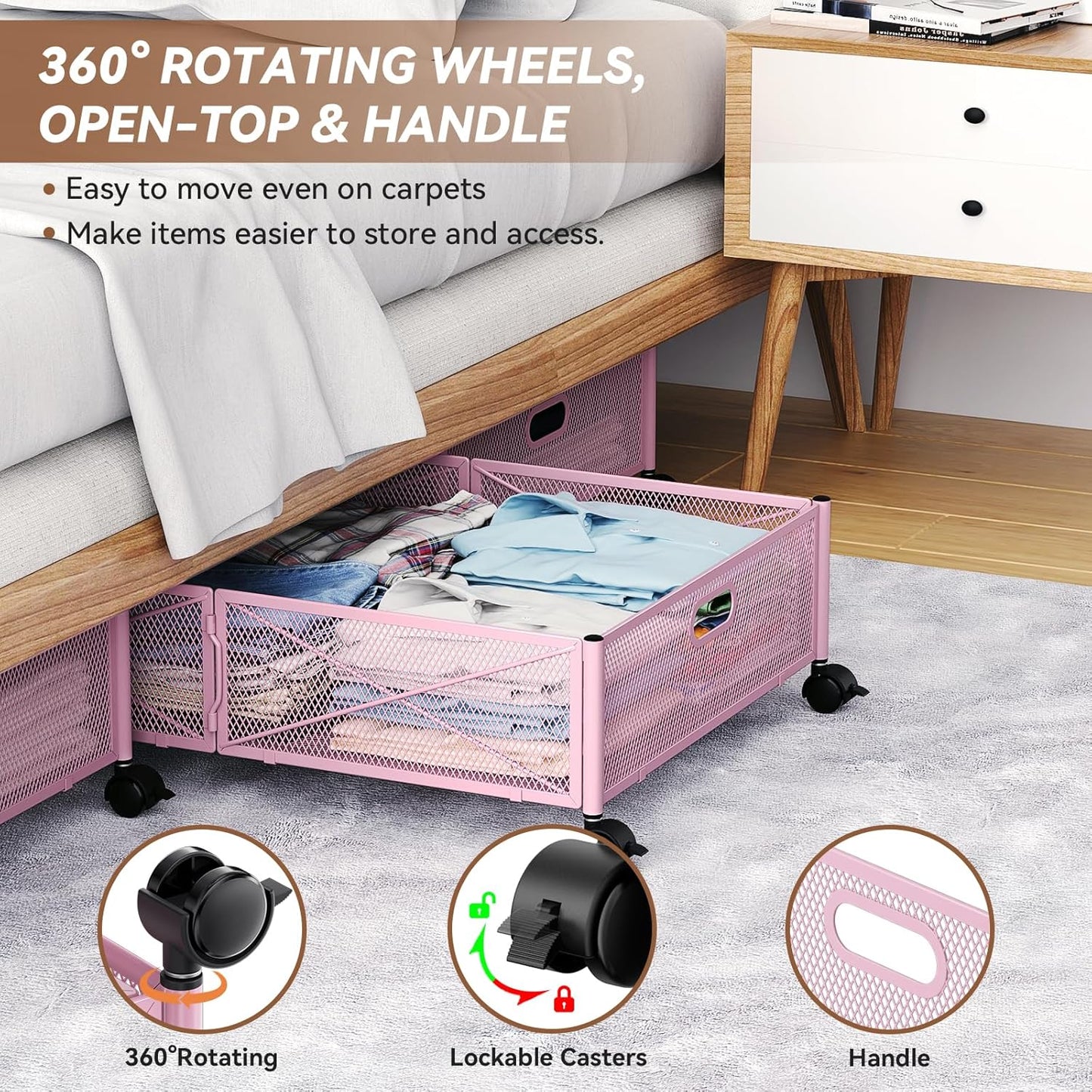 Under the Bed Storage Containers with Wheels, Under Bed Storage, Under Bed Shoe Storage Organizer Drawer, Tool-free Assembly Metal Underbed Storage Containers -Pink